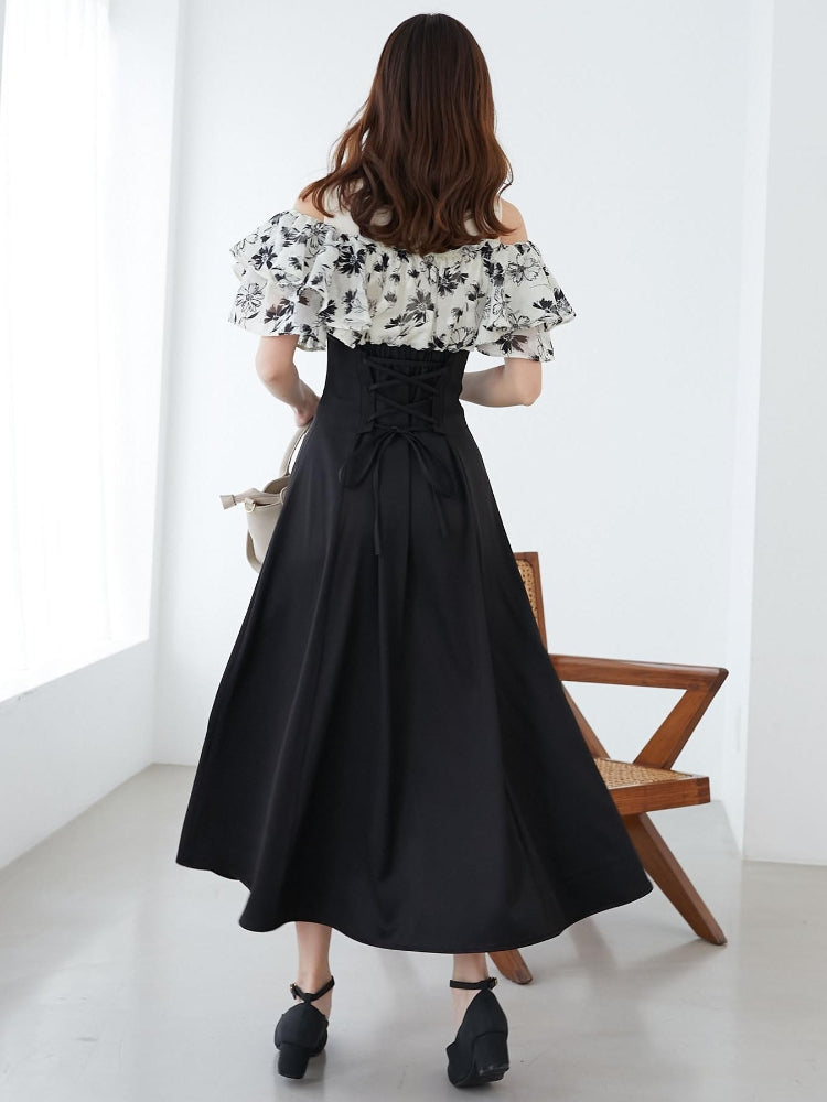 マジェスティックレゴン MAJESTIC LEGON ウエストきゅっとフリルフレアワンピ (ブラック) ブラック