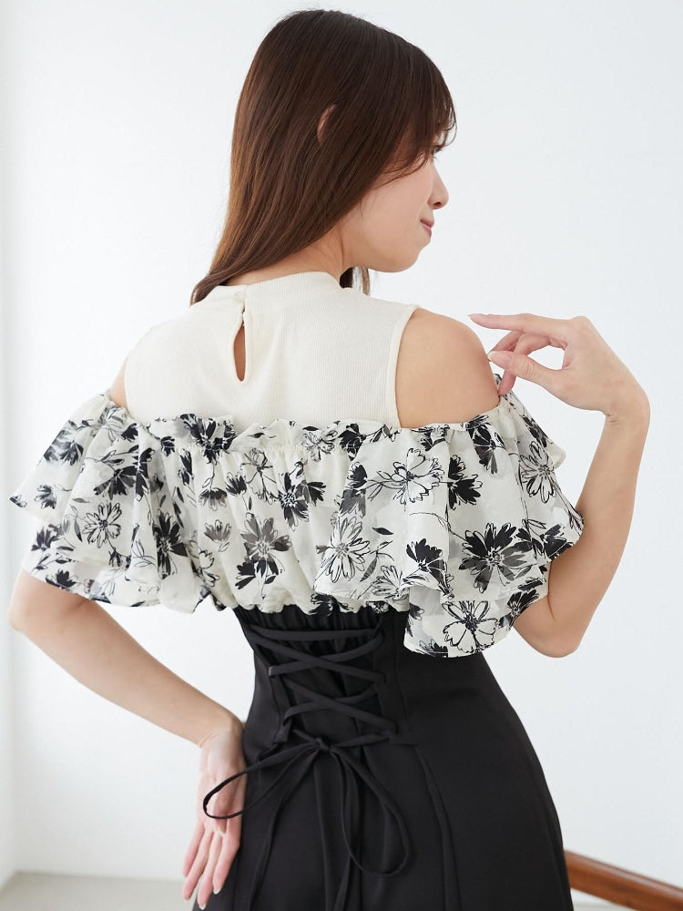 マジェスティックレゴン MAJESTIC LEGON ウエストきゅっとフリルフレアワンピ (ブラック) ブラック