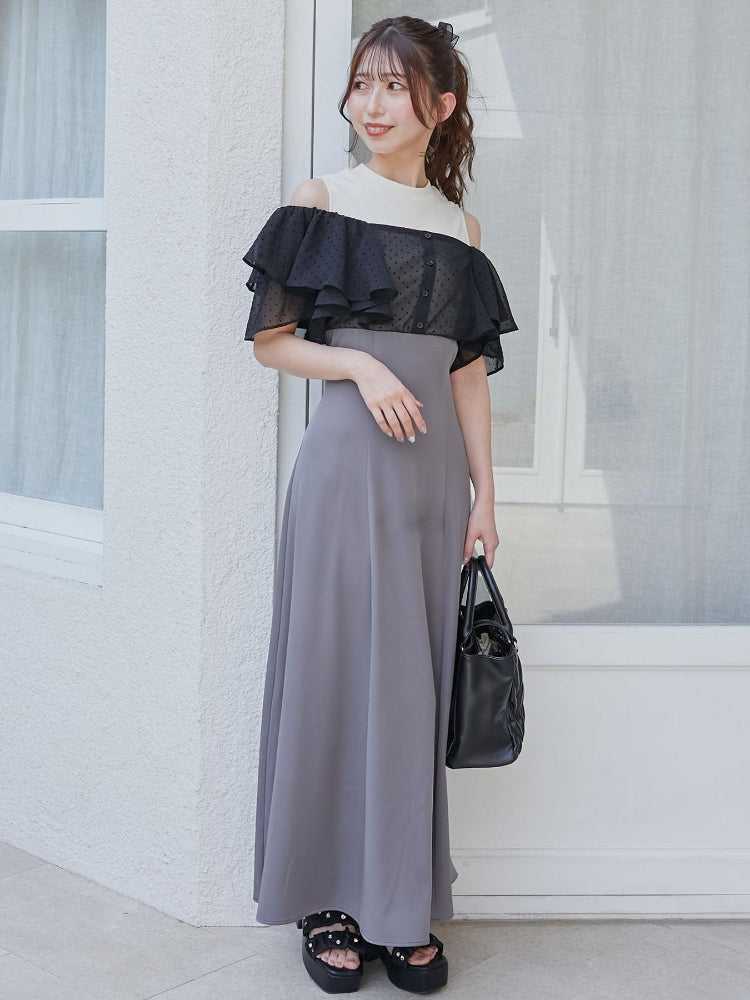 マジェスティックレゴン MAJESTIC LEGON ウエストきゅっとフリルフレアワンピ (ブラック) ブラック