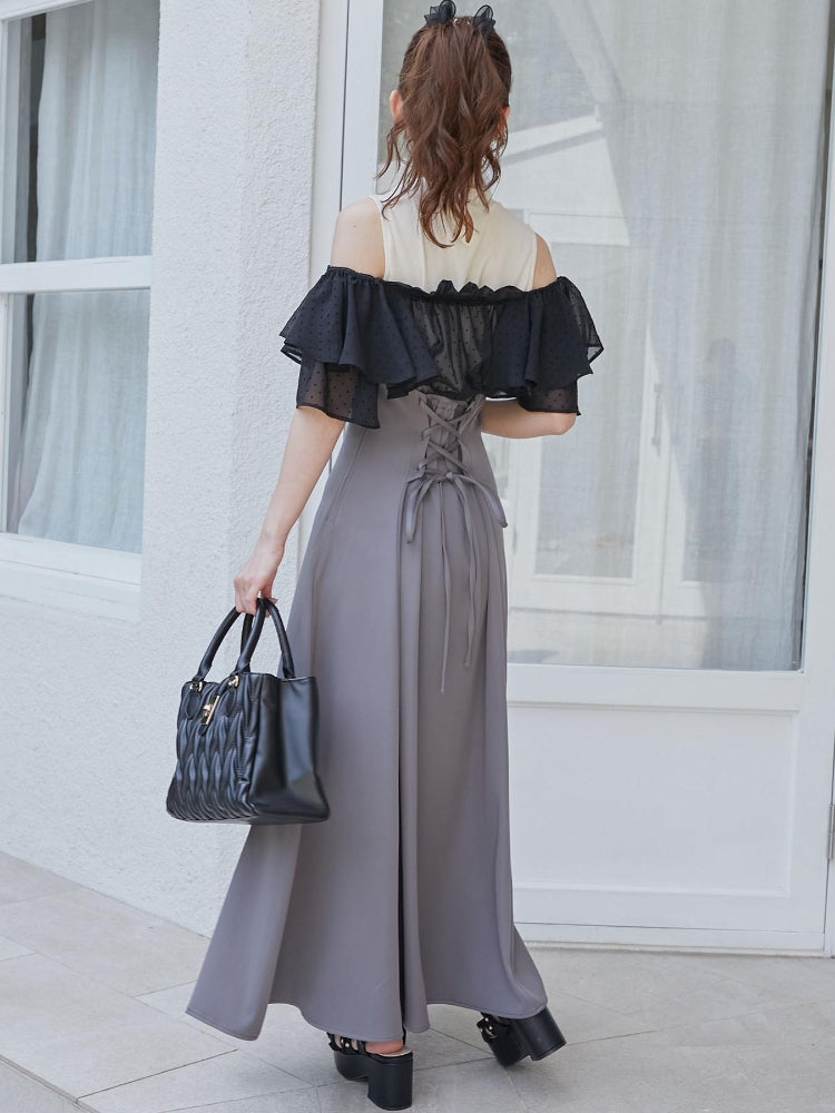 マジェスティックレゴン MAJESTIC LEGON ウエストきゅっとフリルフレアワンピ (ブラック) ブラック