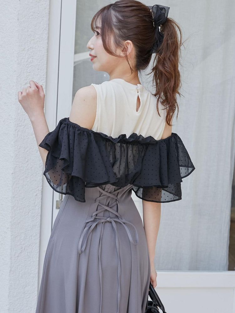 マジェスティックレゴン MAJESTIC LEGON ウエストきゅっとフリルフレアワンピ (ブラック) ブラック