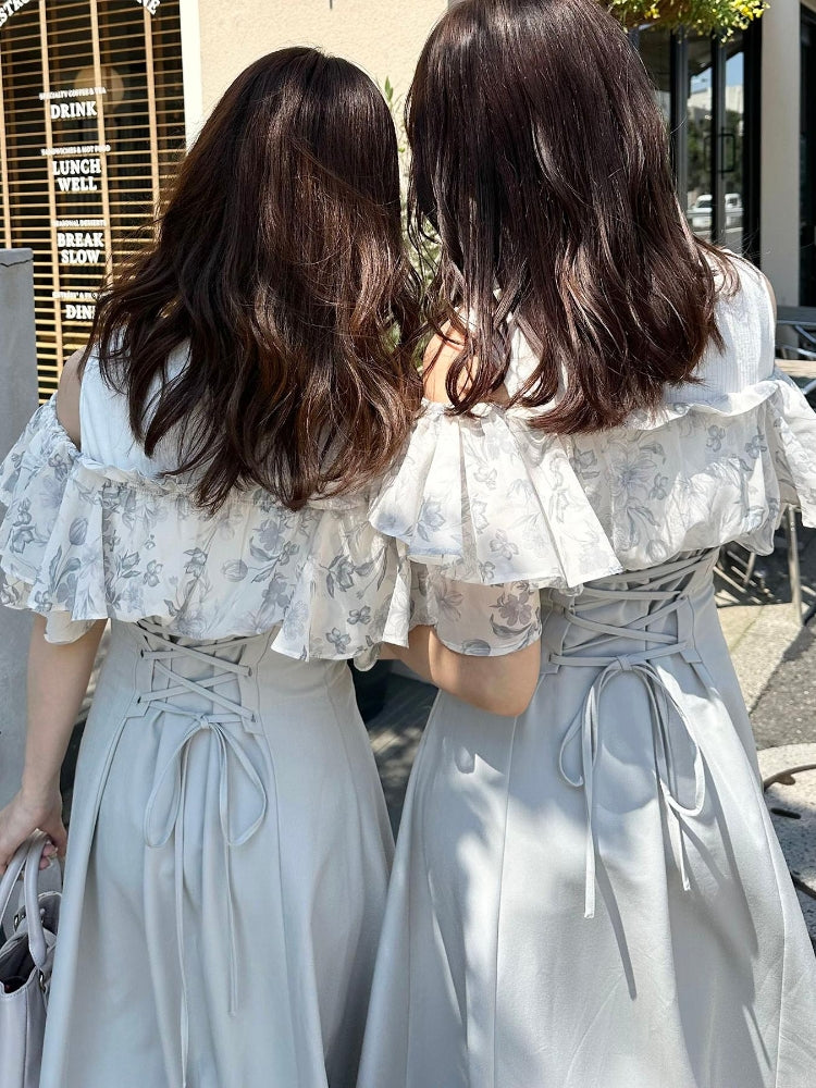 マジェスティックレゴン MAJESTIC LEGON ウエストきゅっとフリルフレアワンピ (グレー) グレー