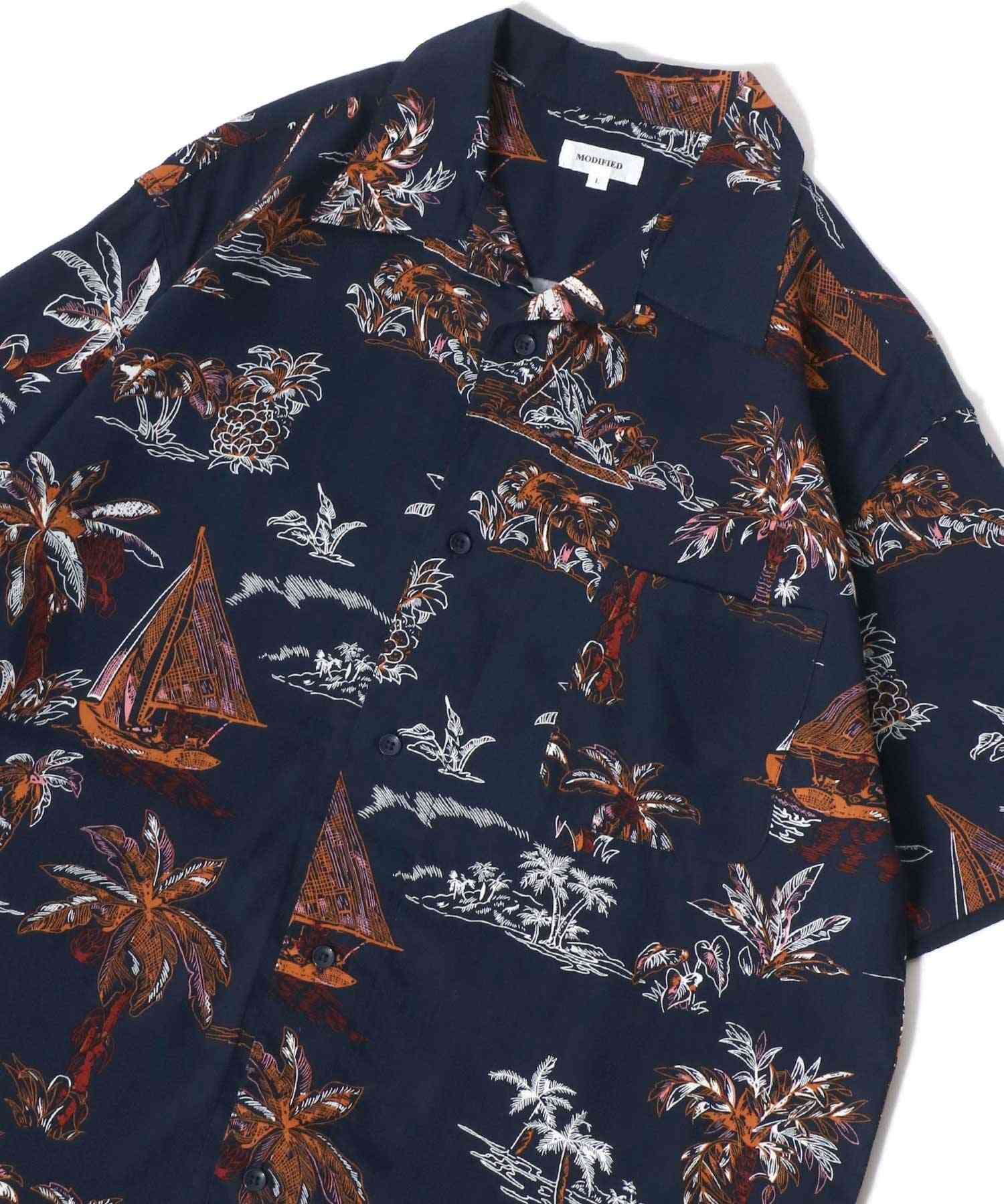 マルカワ MARUKAWA レーヨン アロハシャツ オープンカラー 開襟シャツ 半袖シャツ ハワイアンシャツ 柄 メンズ レディース (ネイビー系2) ネイビー系2