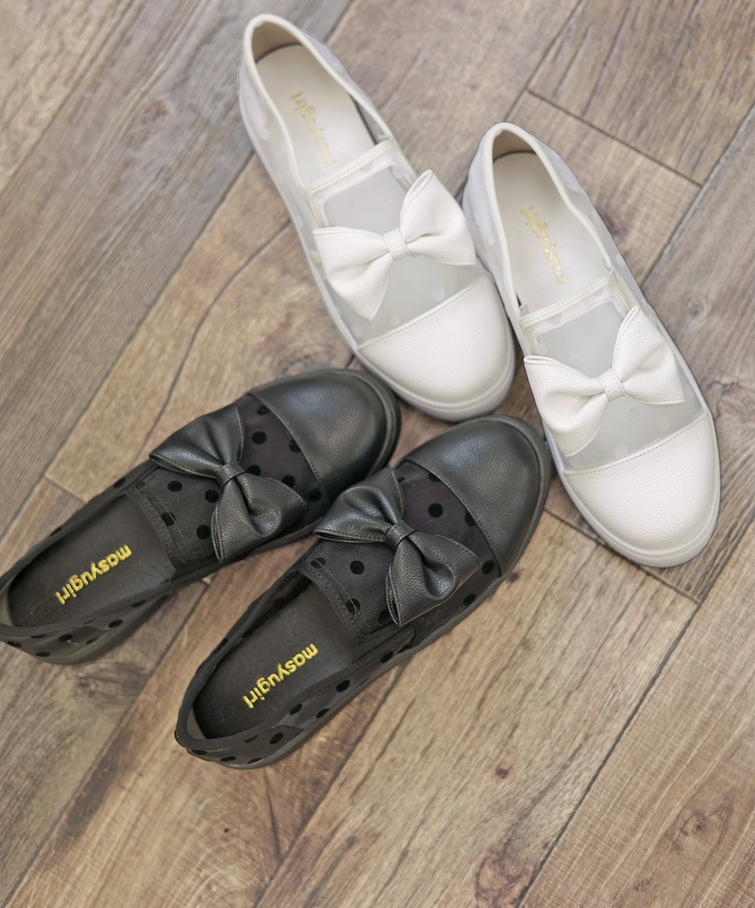 マシュガール masyugirl 大きいサイズ【軽量】ドット柄のリボン付きスリッポンスニーカー (ホワイト) ホワイト