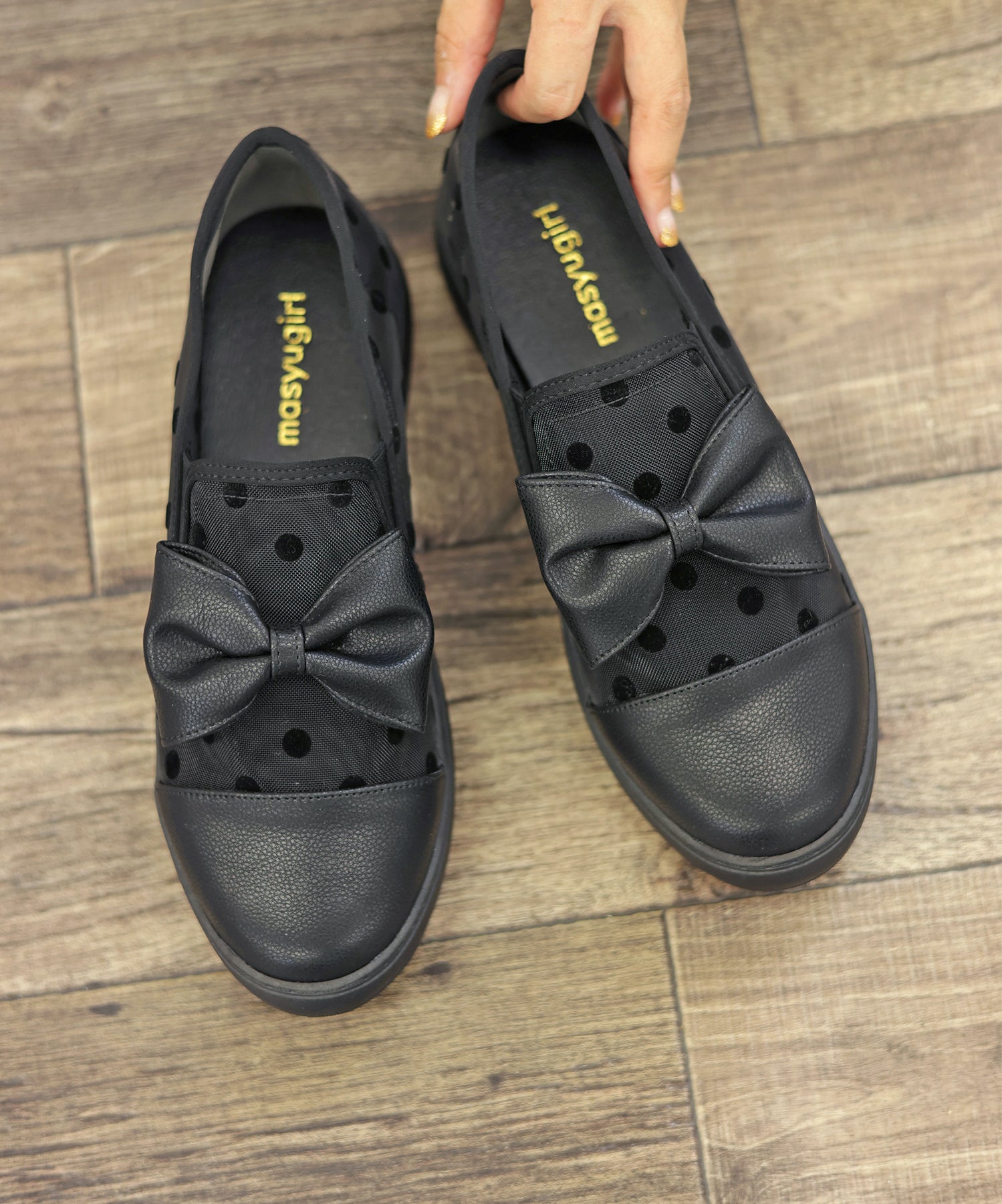 マシュガール masyugirl 大きいサイズ【軽量】ドット柄のリボン付きスリッポンスニーカー (ブラック) ブラック