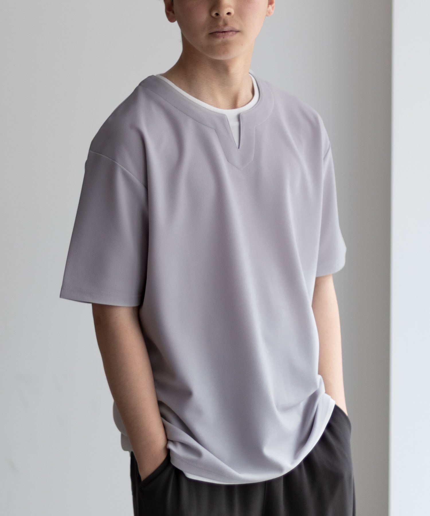 マックハウス Mac-House NAVY 接触冷感 キーネックフェイクレイヤードTシャツ (ネイビー) ネイビー