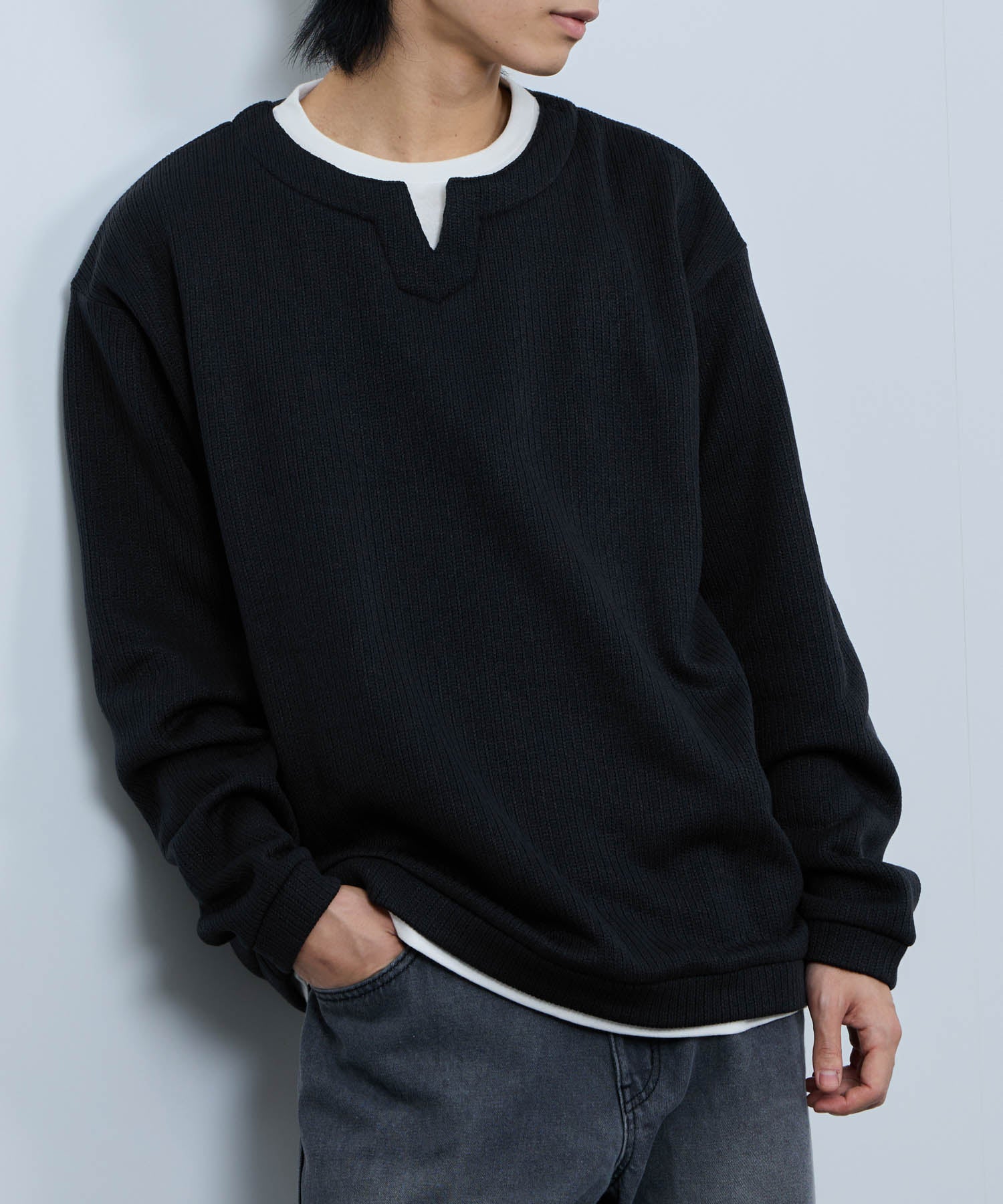 マックハウス Mac-House 針抜き裏起毛フェイクキーネックトレーナー (チャコールグレー) チャコールグレー