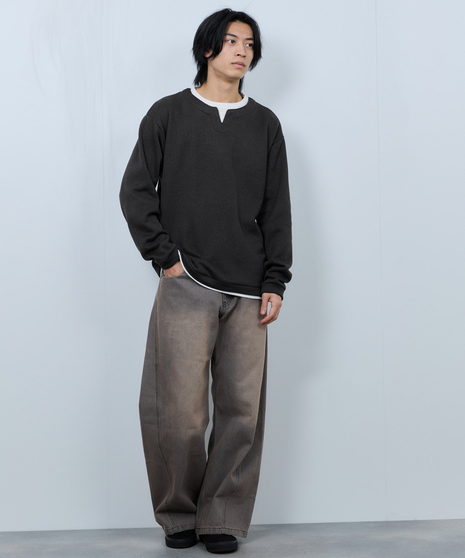 マックハウス Mac-House 針抜き裏起毛フェイクキーネックトレーナー (チャコールグレー) チャコールグレー