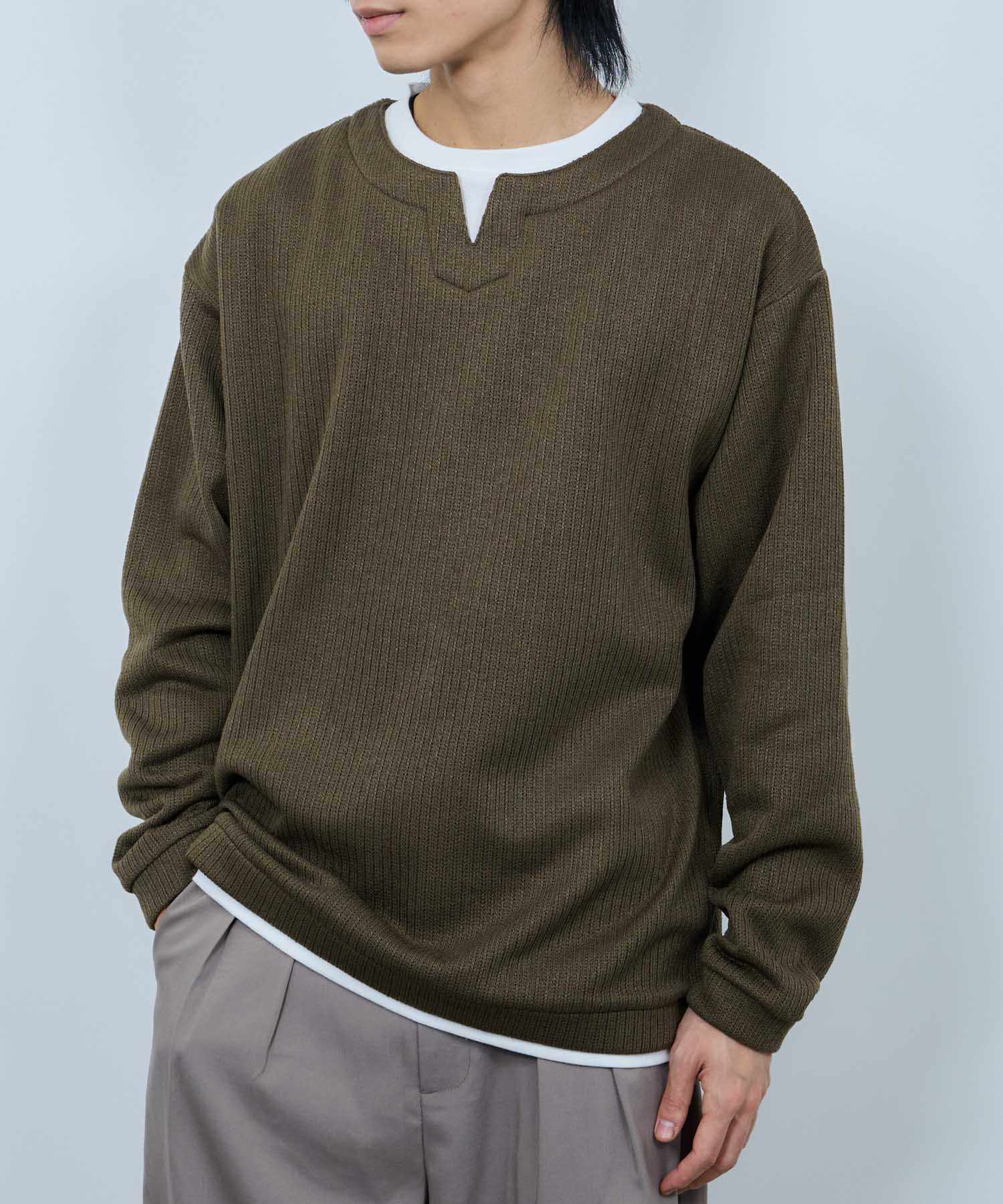 マックハウス Mac-House 針抜き裏起毛フェイクキーネックトレーナー (チャコールグレー) チャコールグレー