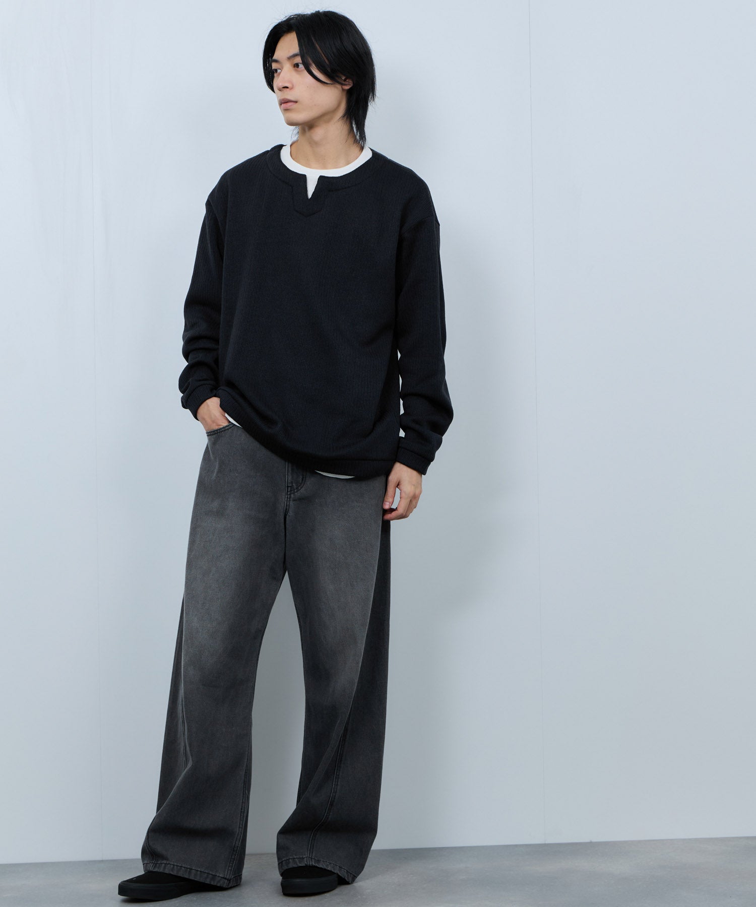 マックハウス Mac-House 針抜き裏起毛フェイクキーネックトレーナー (チャコールグレー) チャコールグレー