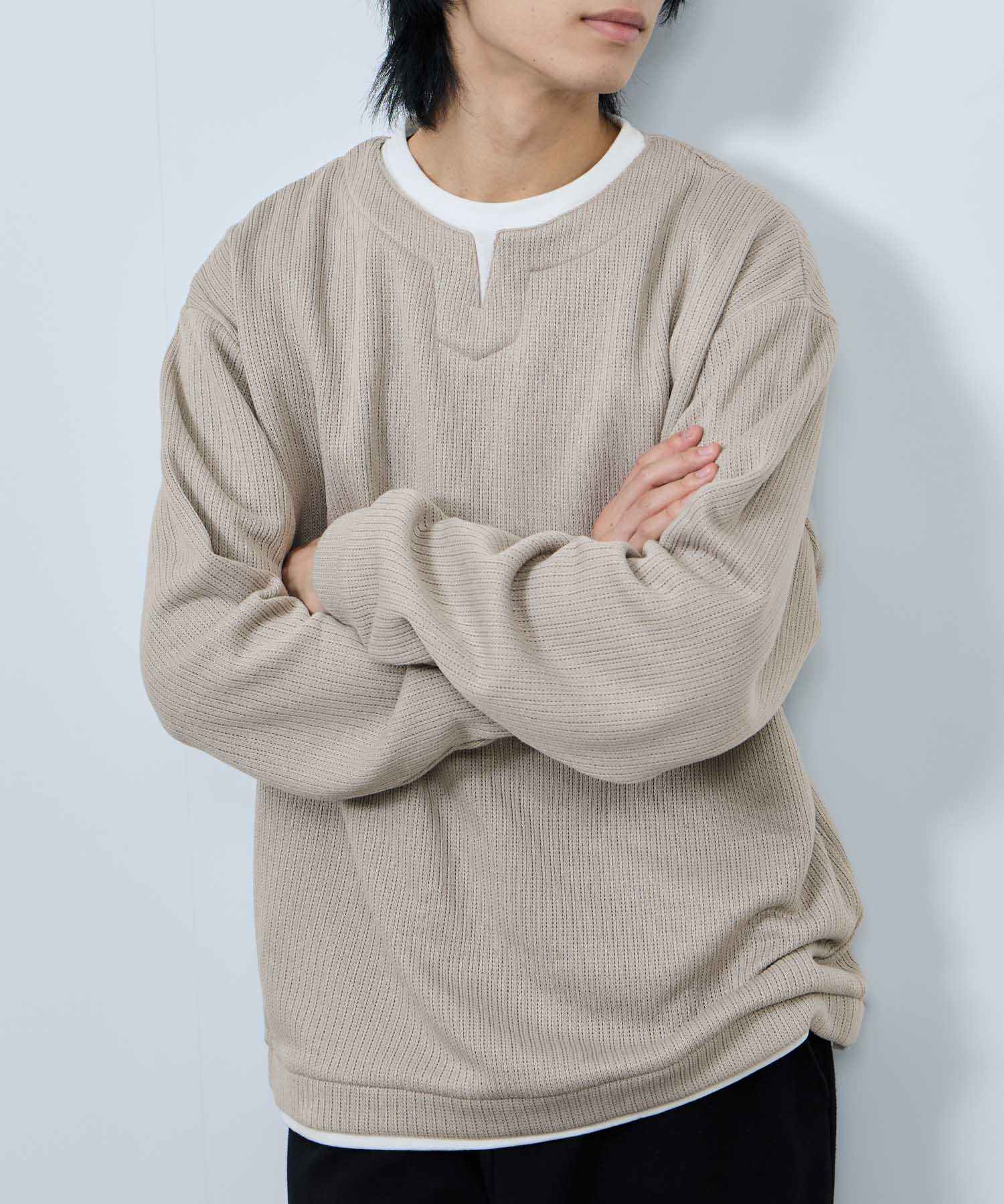 マックハウス Mac-House 針抜き裏起毛フェイクキーネックトレーナー (チャコールグレー) チャコールグレー