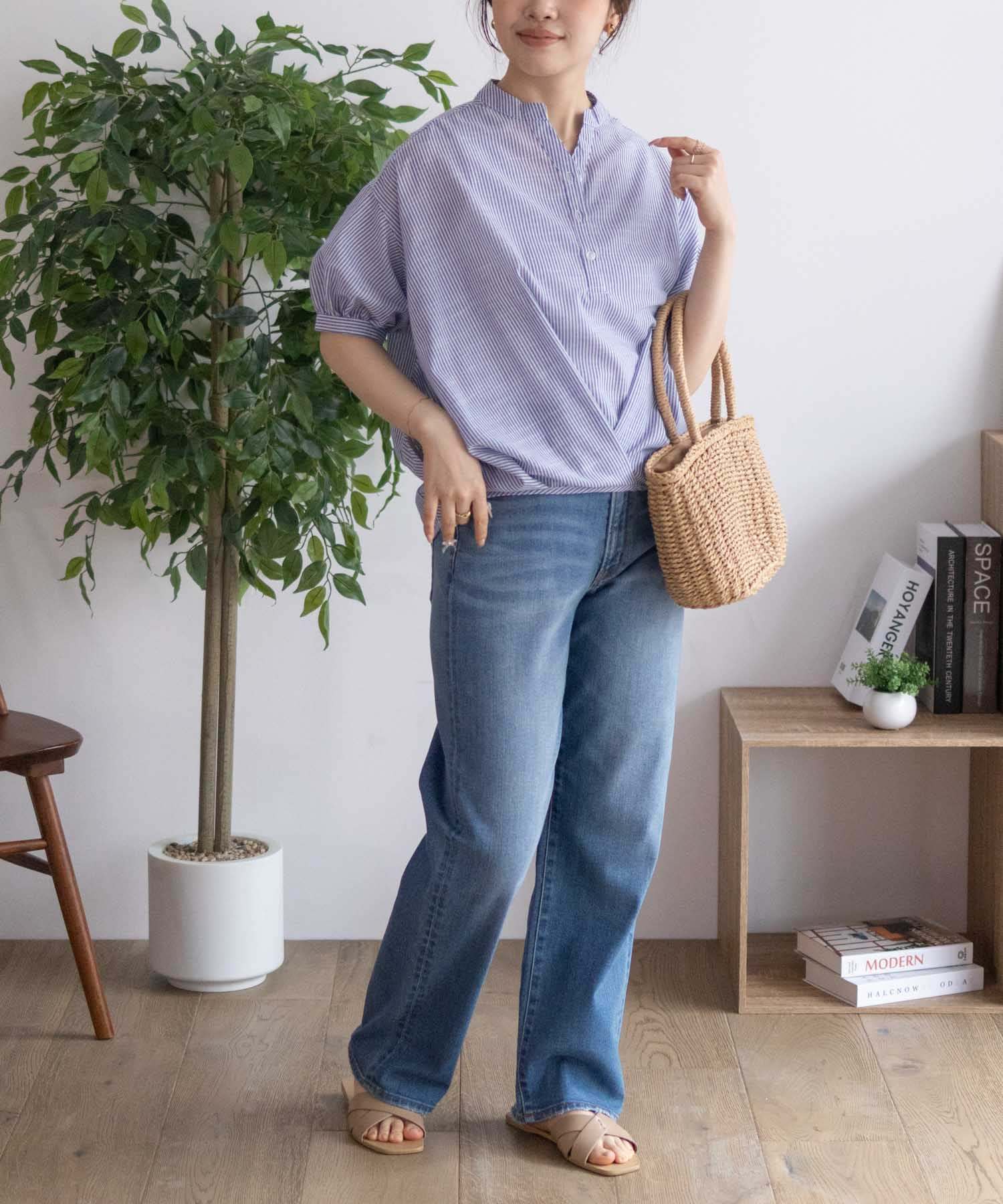 マックハウス Mac-House nAvy 裾タックスキッパーブラウス (ブルーストライプ) ブルーストライプ