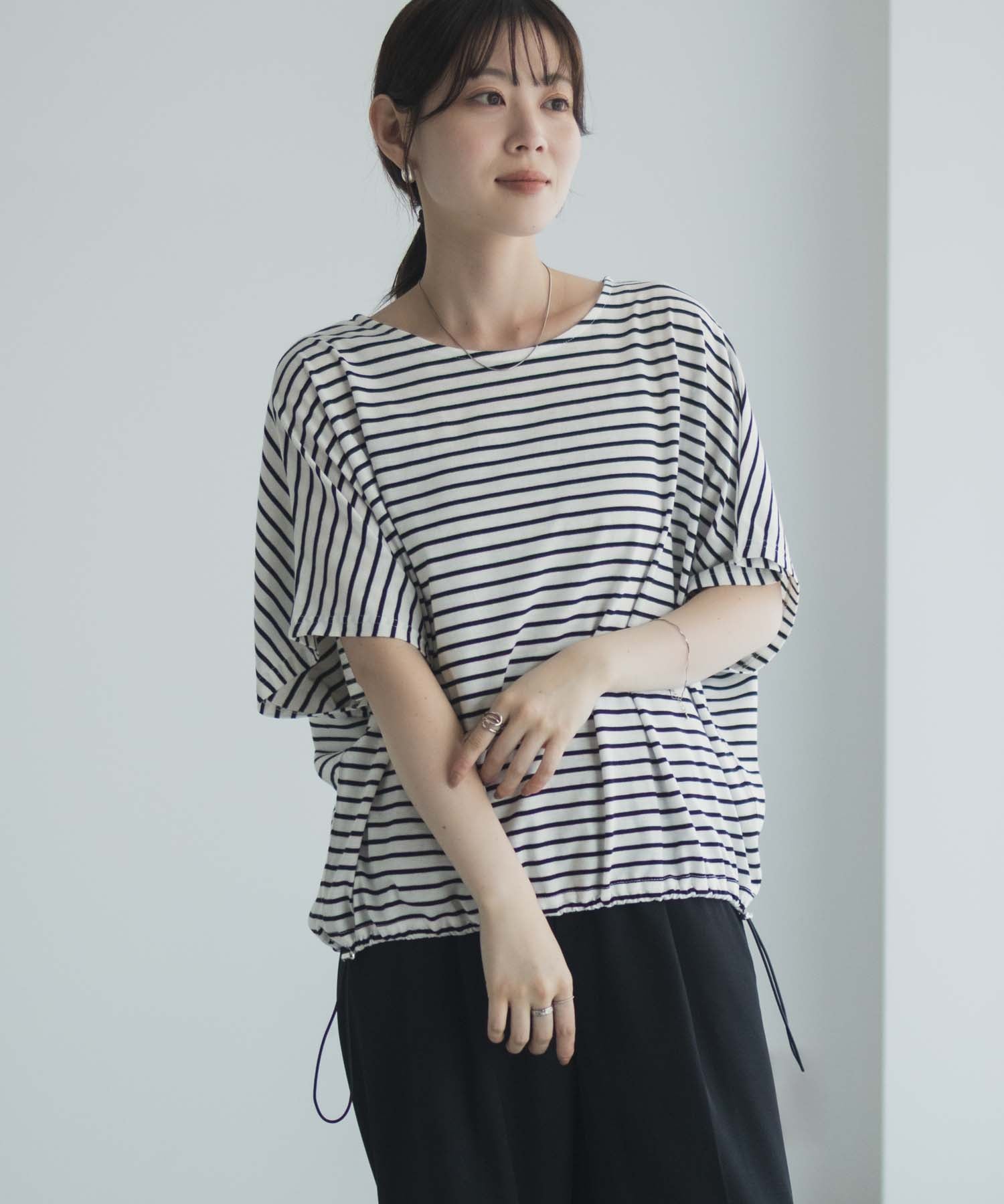 マックハウス Mac-House 裾ドロストボーダーカットソー (オフホワイト柄) オフホワイト柄