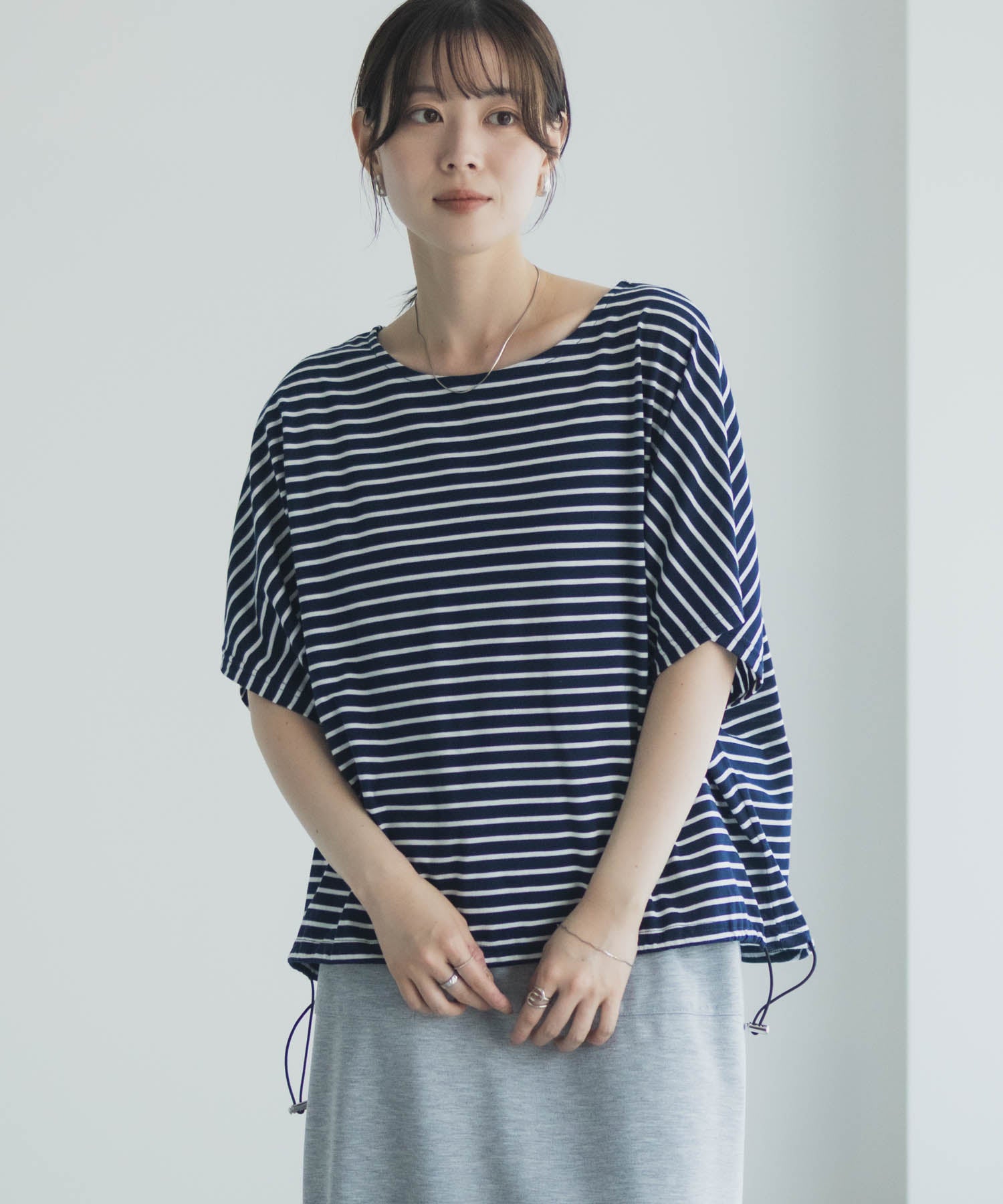 マックハウス Mac-House 裾ドロストボーダーカットソー (ネイビー柄) ネイビー柄