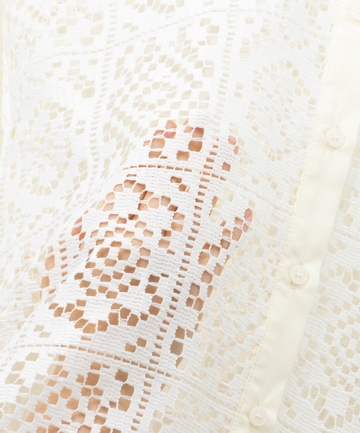 マックハウス Mac-House クロシェライクレース羽織ノーカラーシャツ (アイボリー) アイボリー