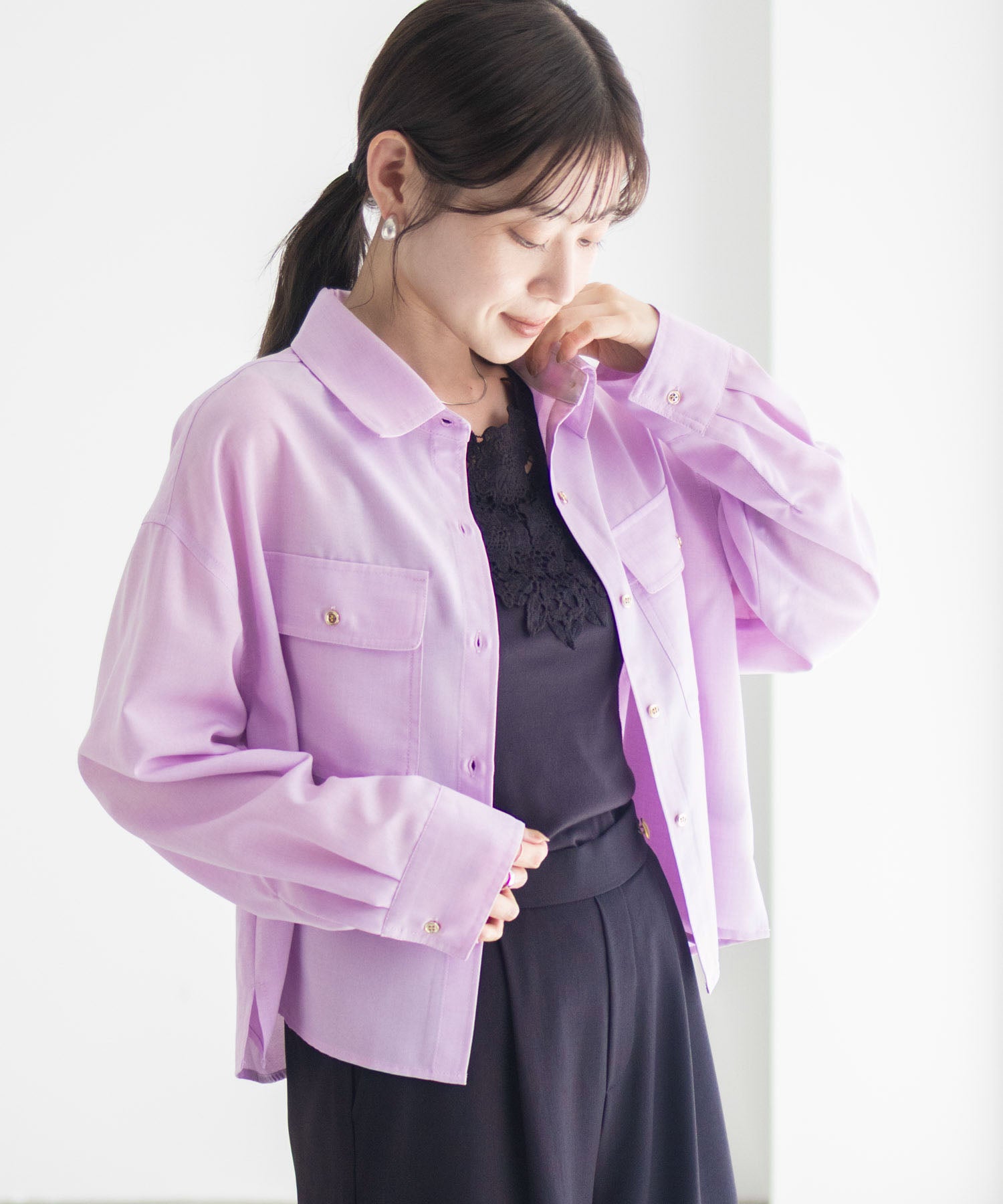 マックハウス Mac-House リネンライクコンパクトシャツ (パープル) パープル