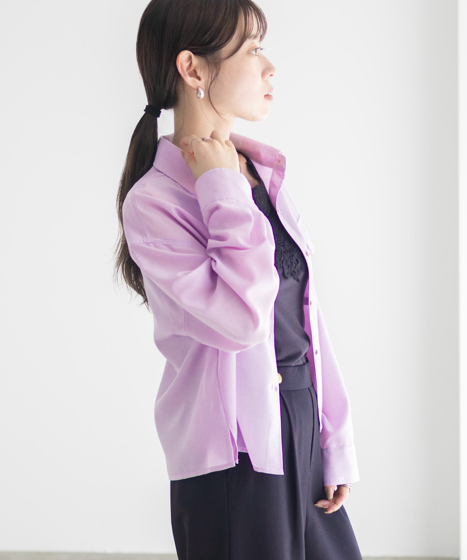 マックハウス Mac-House リネンライクコンパクトシャツ (パープル) パープル