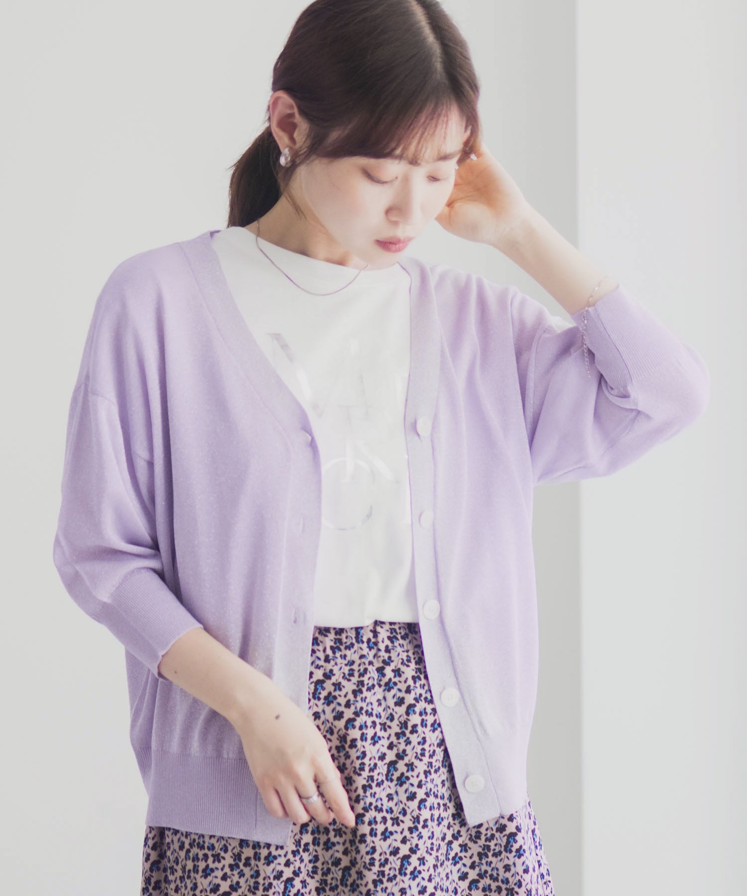 マックハウス Mac-House ラメVネックカーディガン (グレージュ) グレージュ