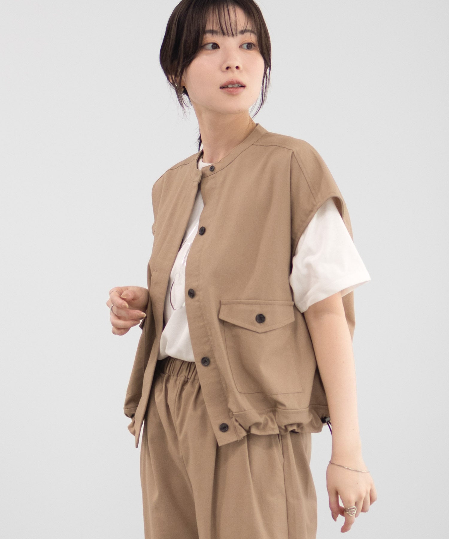 マックハウス Mac-House リネンライクノーカラージャケット (ベージュ) ベージュ