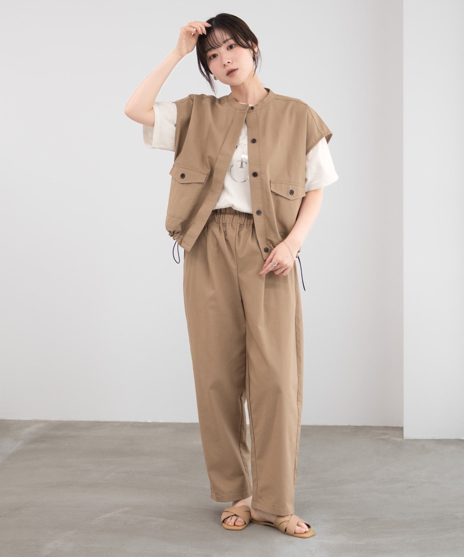 マックハウス Mac-House リネンライクノーカラージャケット (ベージュ) ベージュ