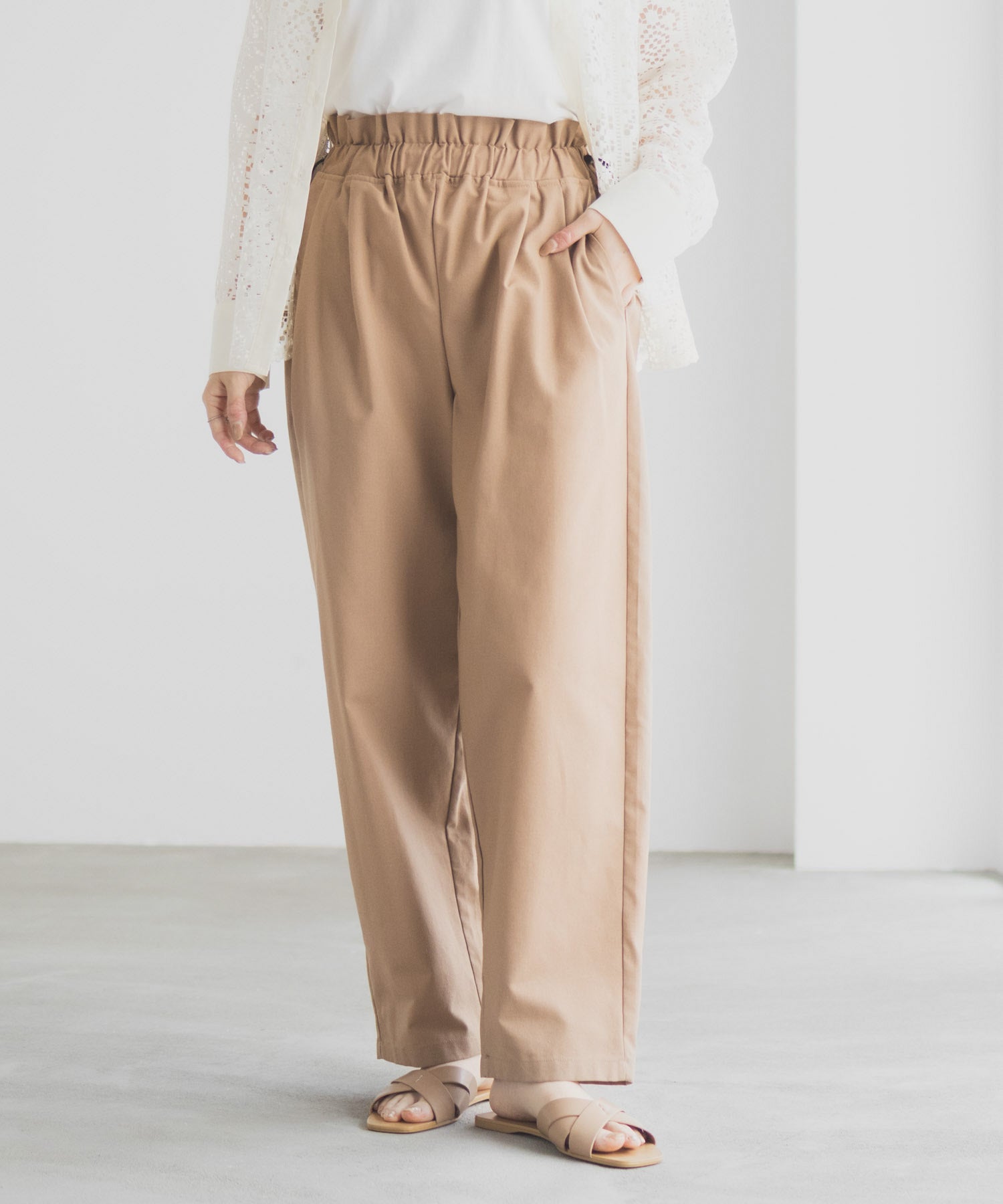 マックハウス Mac-House リネンライクドロストテーパードパンツ (ベージュ) ベージュ