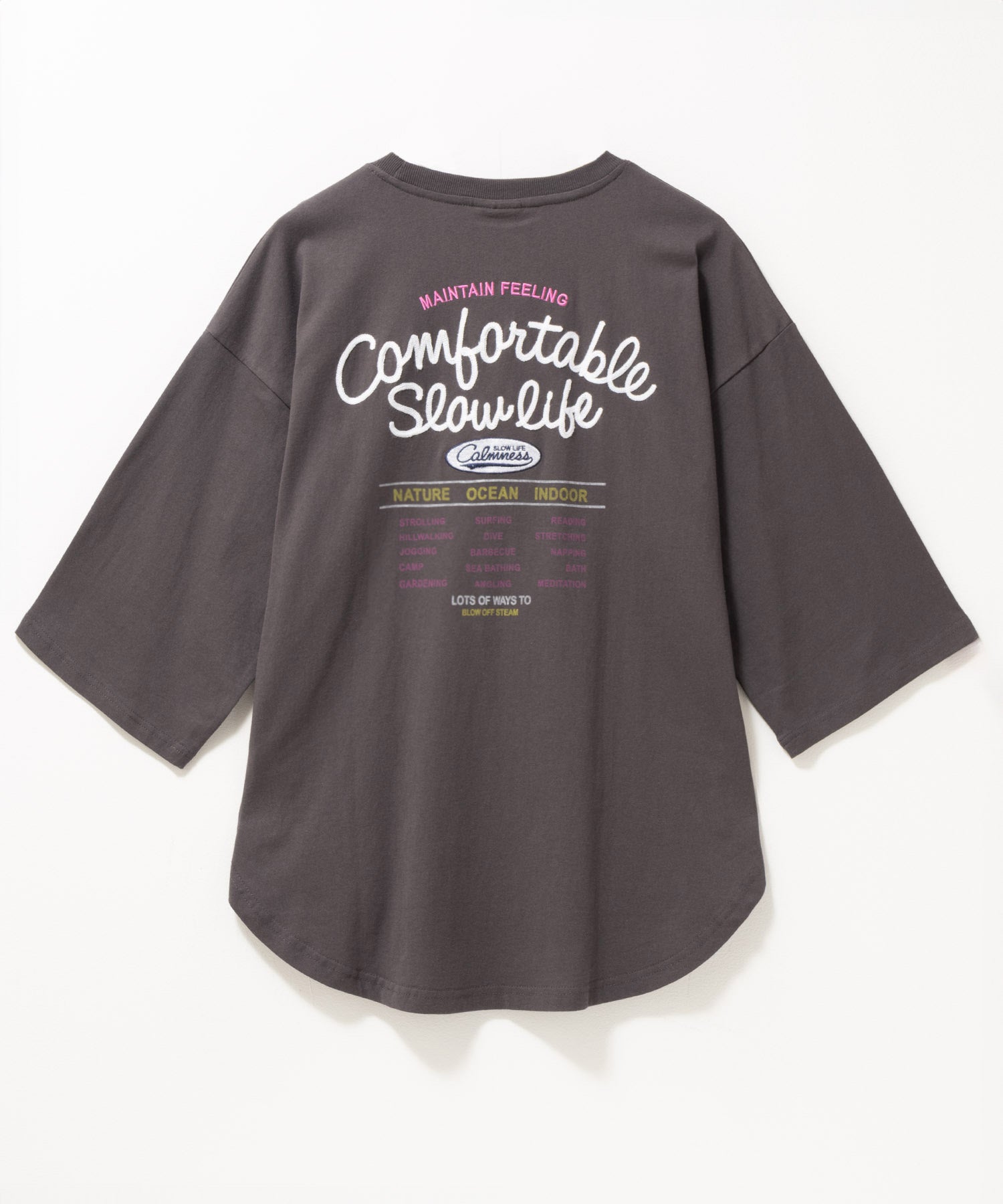 マックハウス Mac-House 刺繍ラウンドビッグ7分袖Tシャツ (チャコール) チャコール