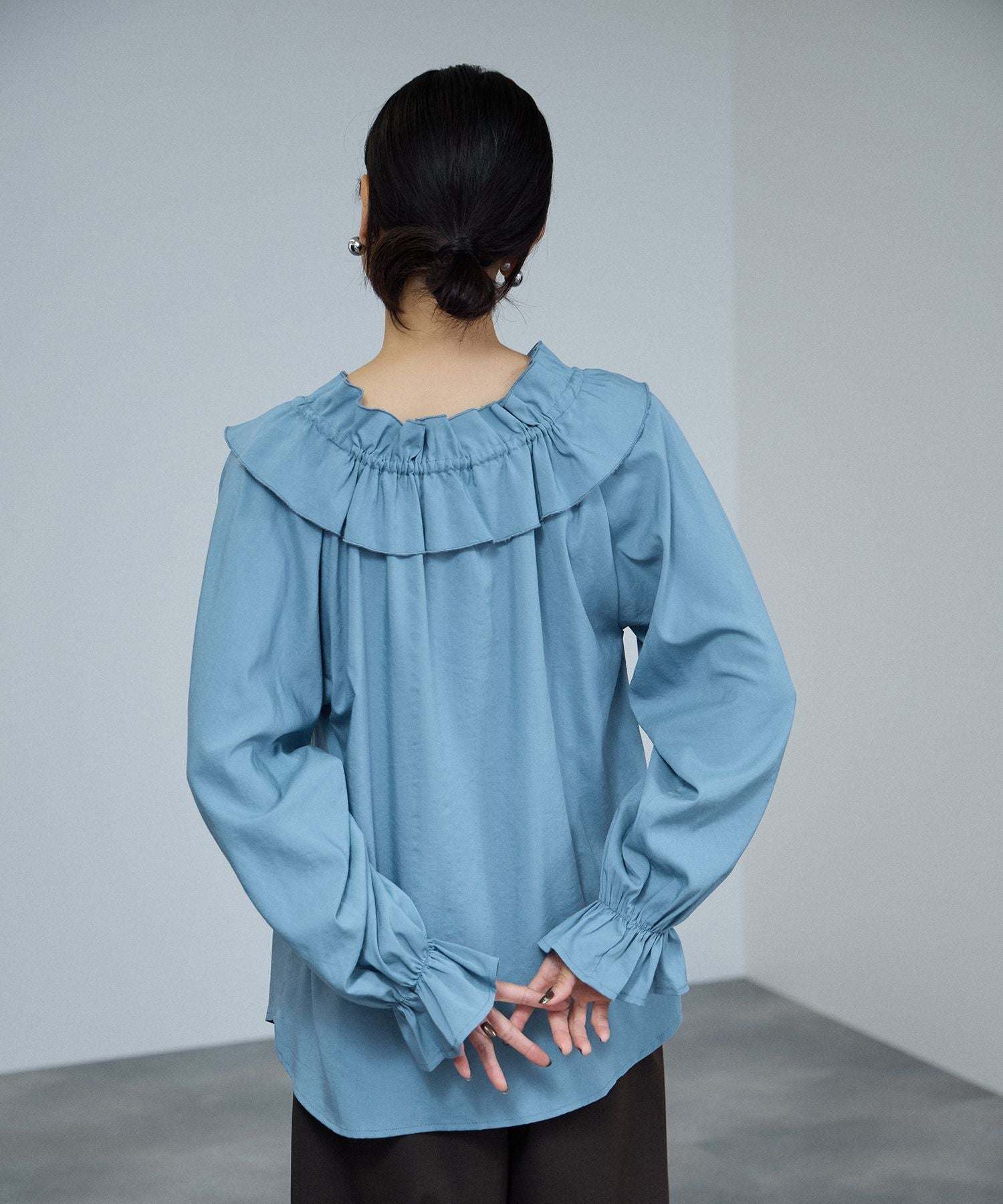 マックハウス Mac-House フリルネックボウタイブラウス (ブルー) ブルー