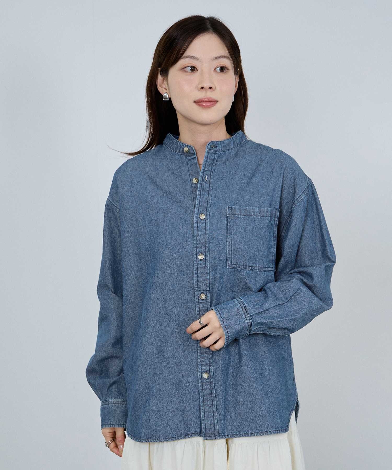 マックハウス Mac-House nAvy ルーズデニムスタンドカラーシャツ (ワンウォッシュ) ワンウォッシュ
