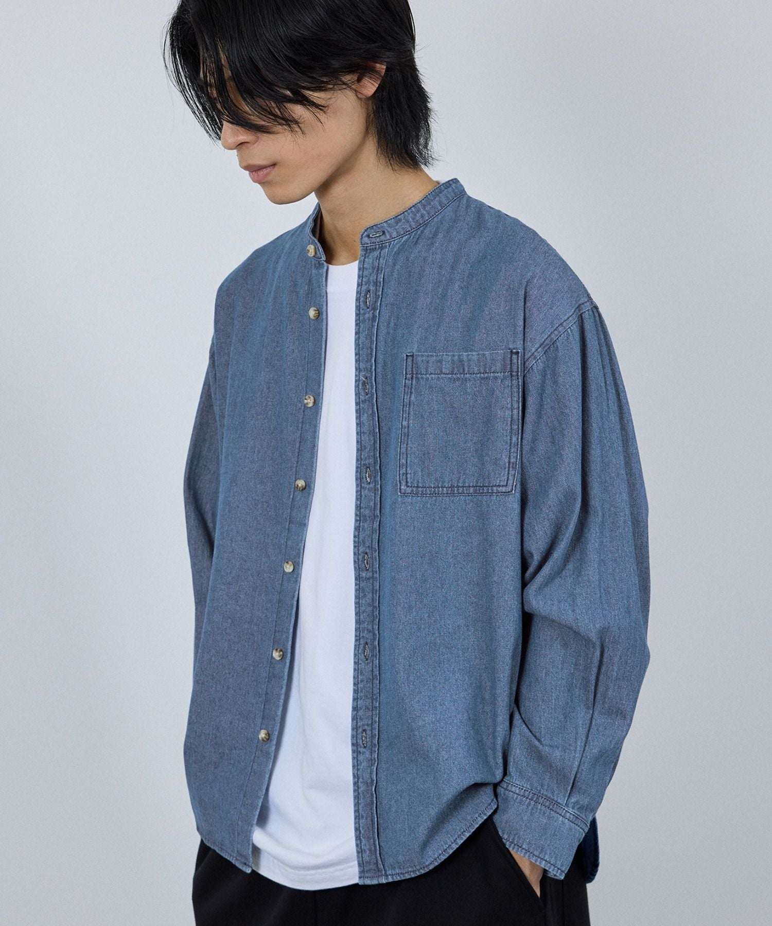 マックハウス Mac-House nAvy ルーズデニムスタンドカラーシャツ (ワンウォッシュ) ワンウォッシュ