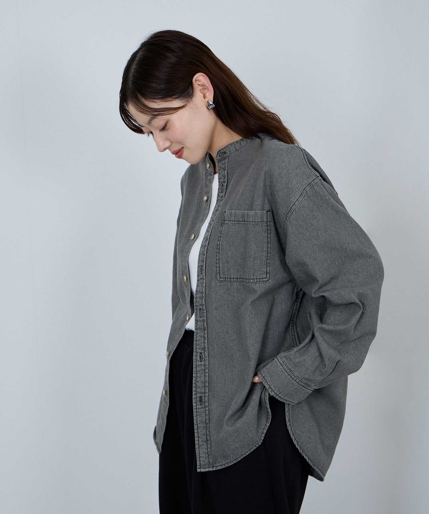 マックハウス Mac-House nAvy ルーズデニムスタンドカラーシャツ (ワンウォッシュ) ワンウォッシュ