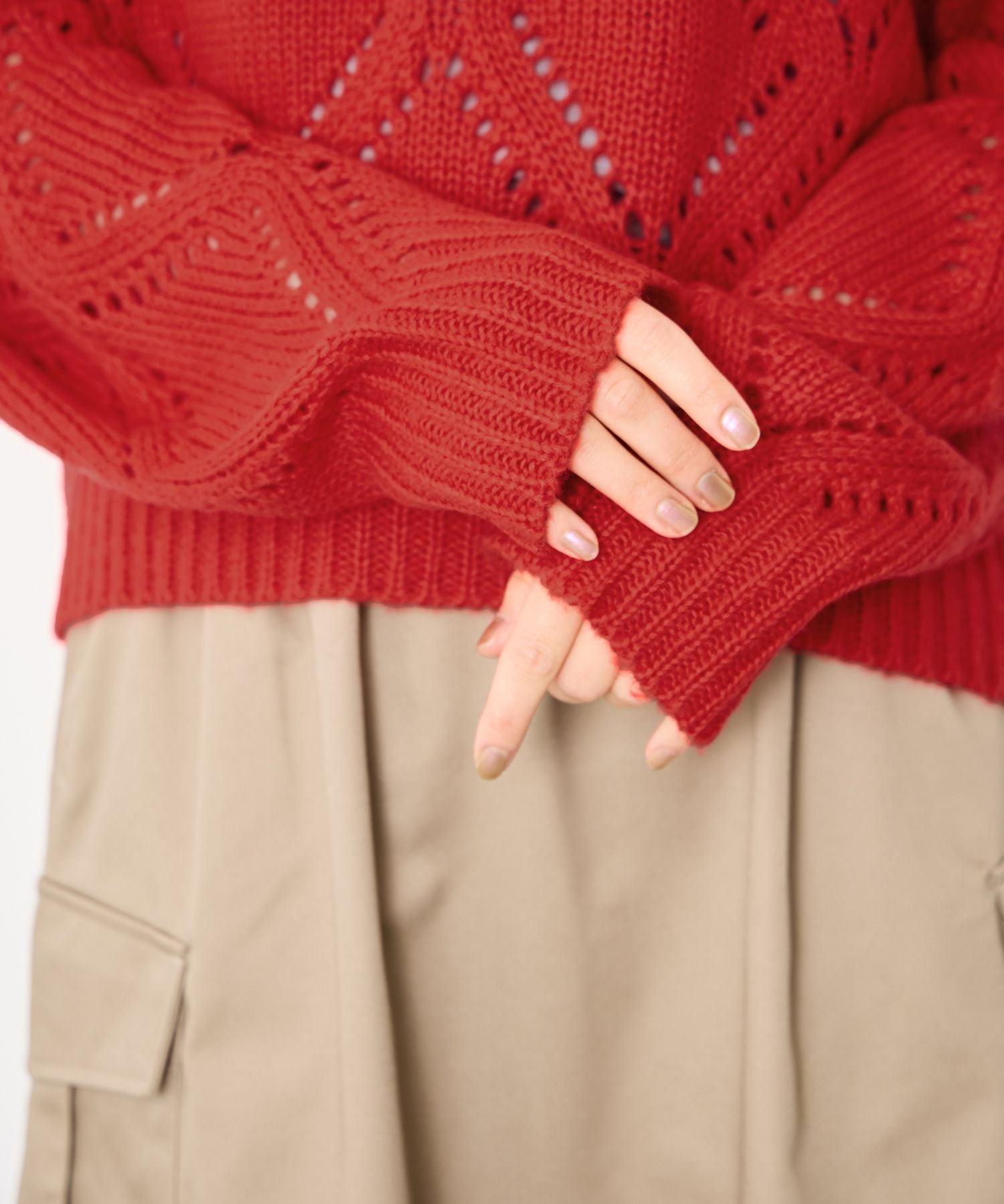 マックハウス Mac-House ダイヤ柄透かし編みニットプルオーバー (レッド) レッド