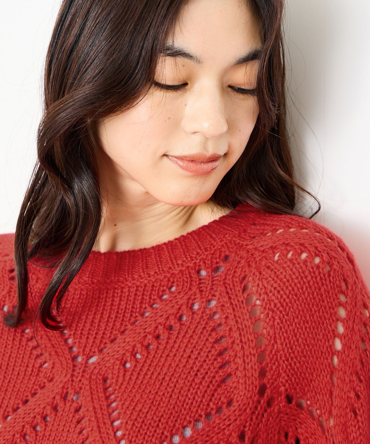 マックハウス Mac-House ダイヤ柄透かし編みニットプルオーバー (レッド) レッド