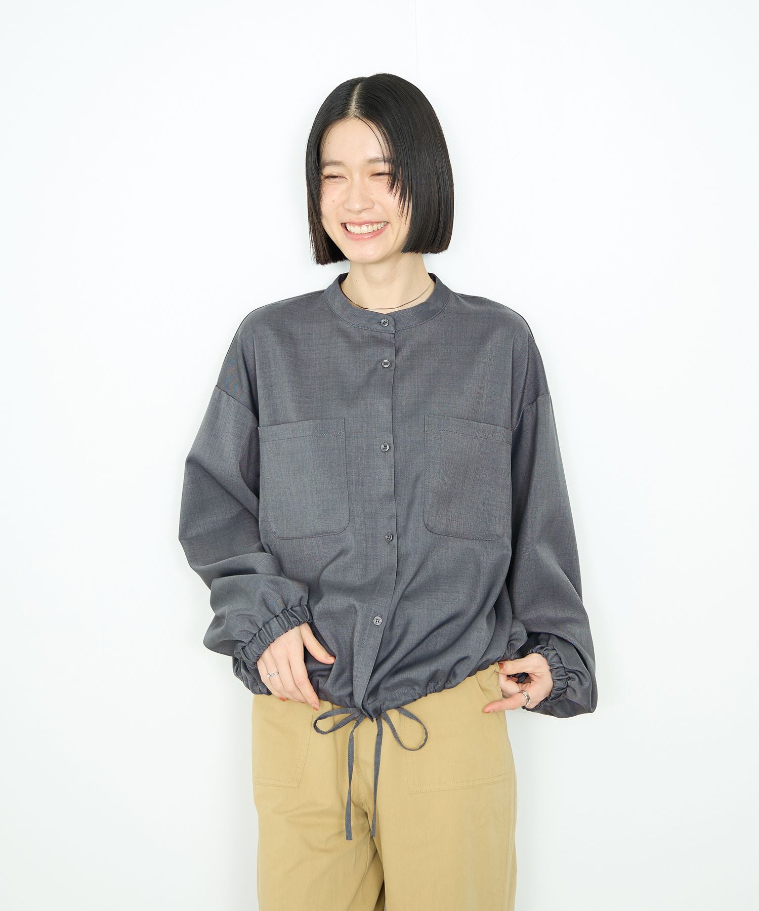 マックハウス Mac-House 裾ドロストブラウス (チャコールグレー) チャコールグレー