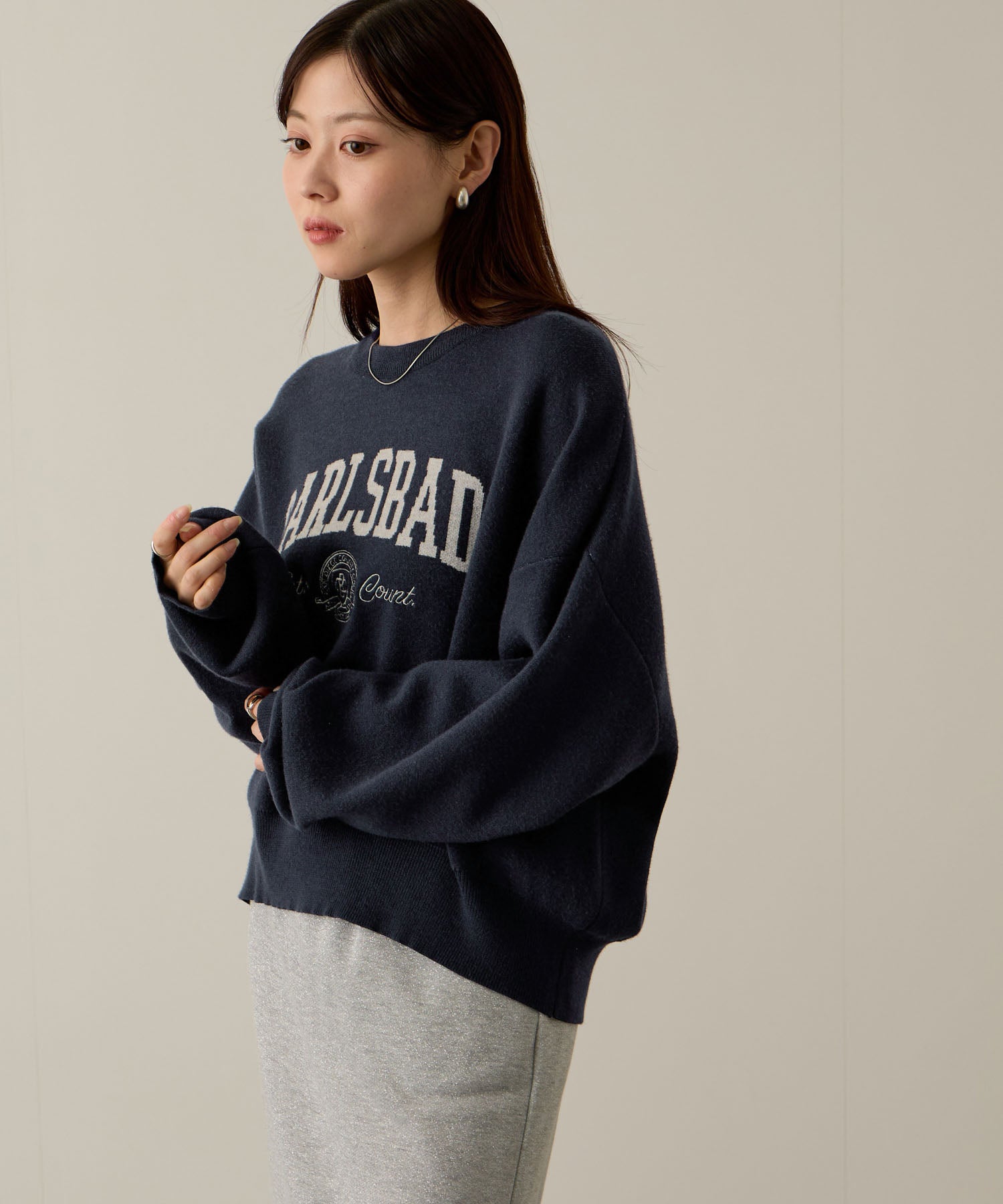 マックハウス Mac-House カレッジロゴWジャガードニット (ネイビー×グレー) ネイビー×グレー