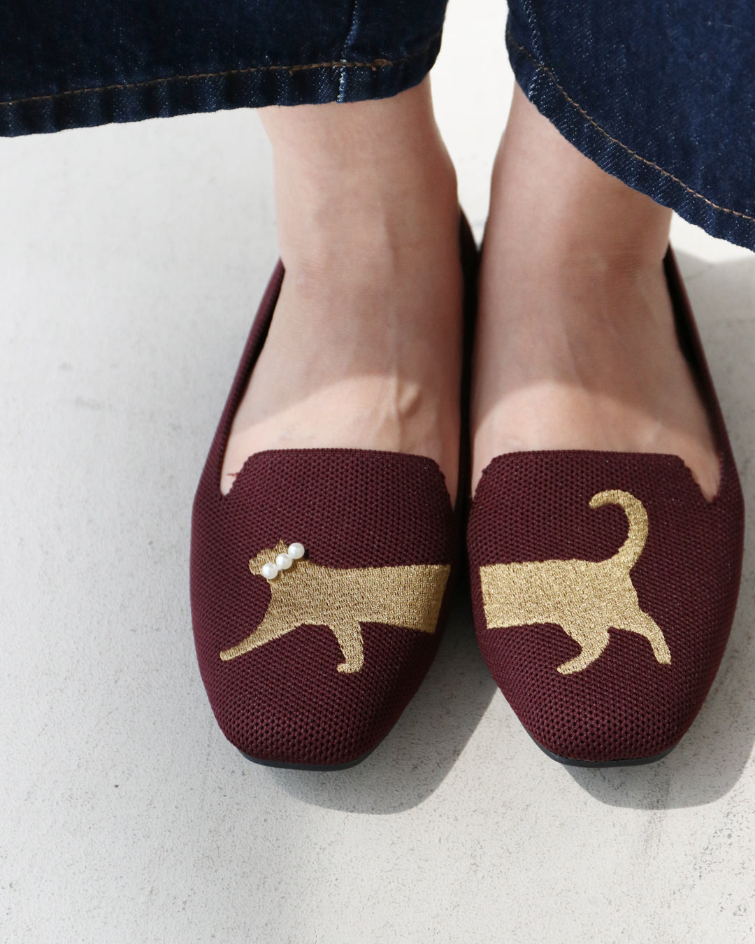 サンポクシェル sanpo kuschel 影猫刺繍に癒されて 靴 (ボルドー) ボルドー