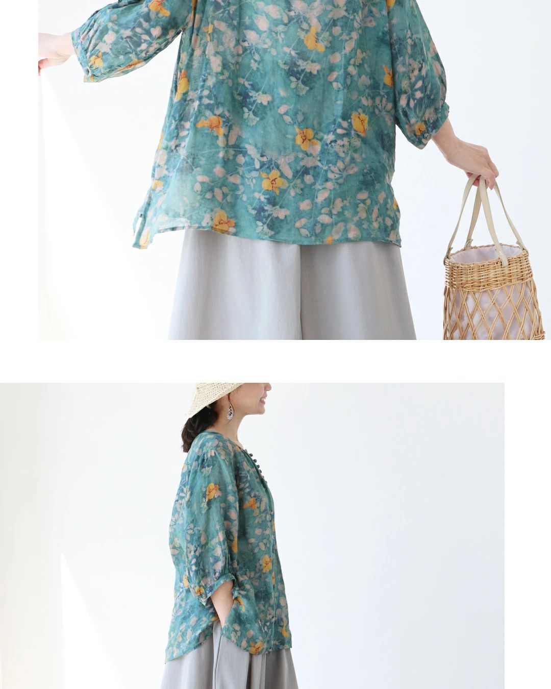 サンポクシェル sanpo kuschel 【一目惚れ水彩花リネンブラウス】 (グリーン) グリーン