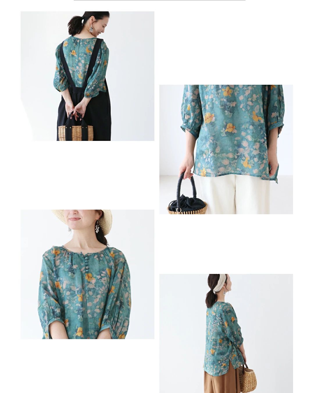 サンポクシェル sanpo kuschel 【一目惚れ水彩花リネンブラウス】 (グリーン) グリーン