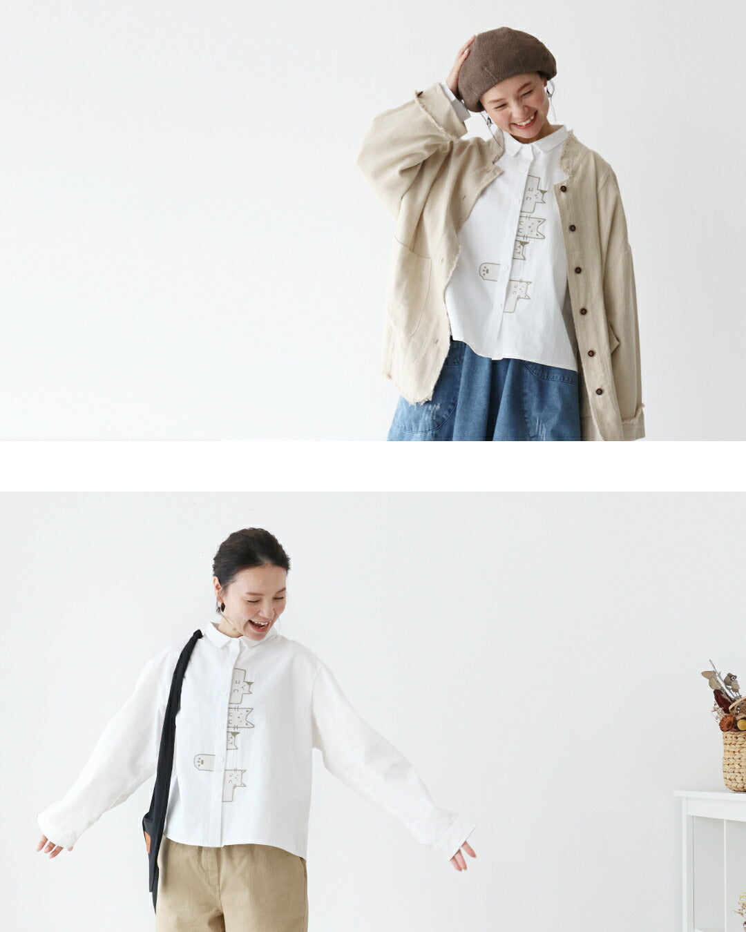 サンポクシェル sanpo kuschel ねこ、並んでます。 シャツ (ホワイト) ホワイト