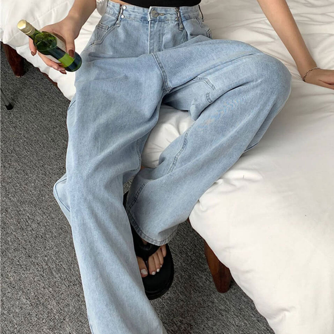 メゾンドラティール maison de LATIR ハイウエストワイドデニムパンツ 韓国,サックス