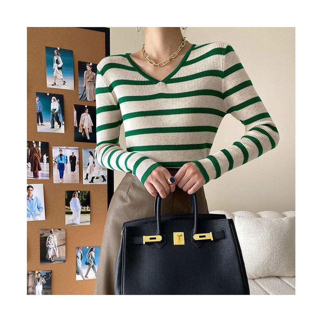 メゾンドラティール maison de LATIR ストライプ柄VネックTシャツ