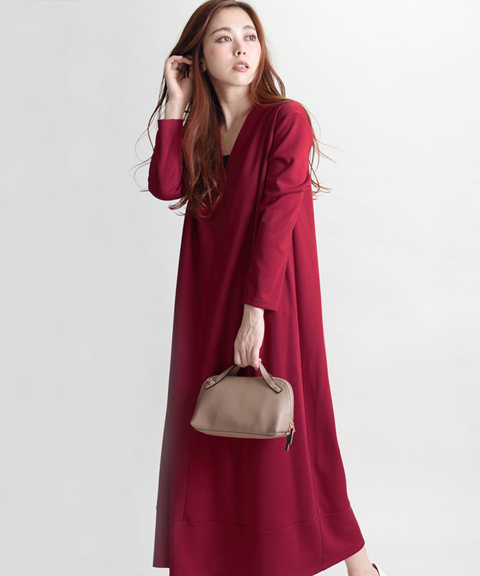 マーサ MARTHA Vネックフレアロングワンピース (ブラック) ブラック