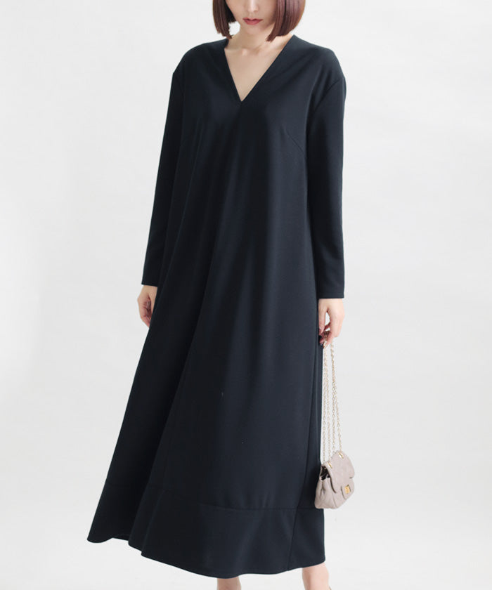 マーサ MARTHA Vネックフレアロングワンピース (ネイビー) ネイビー