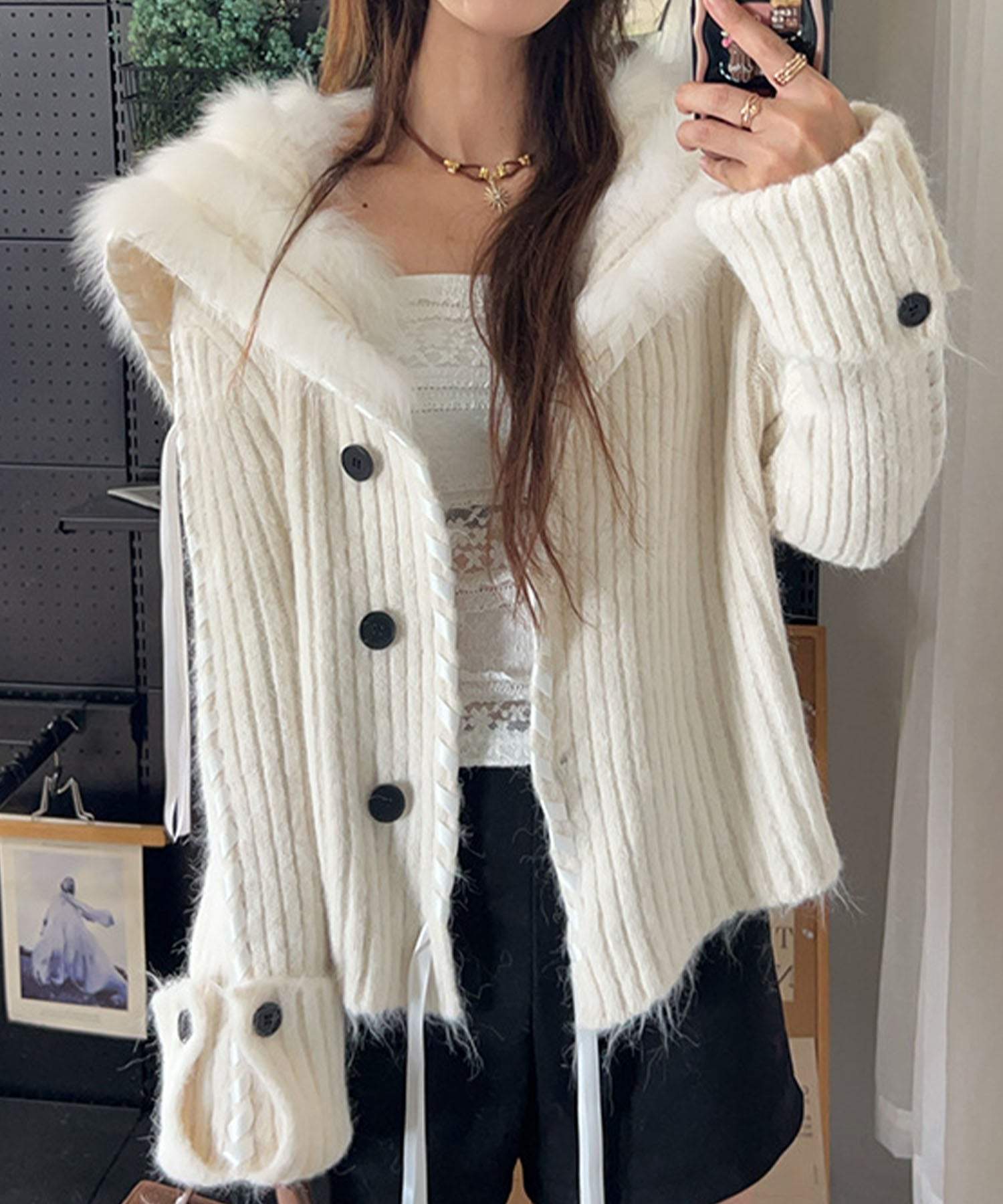 ミージェーン me Jane ハンドステッチフードファーニットカーデ (オフホワイト) オフホワイト