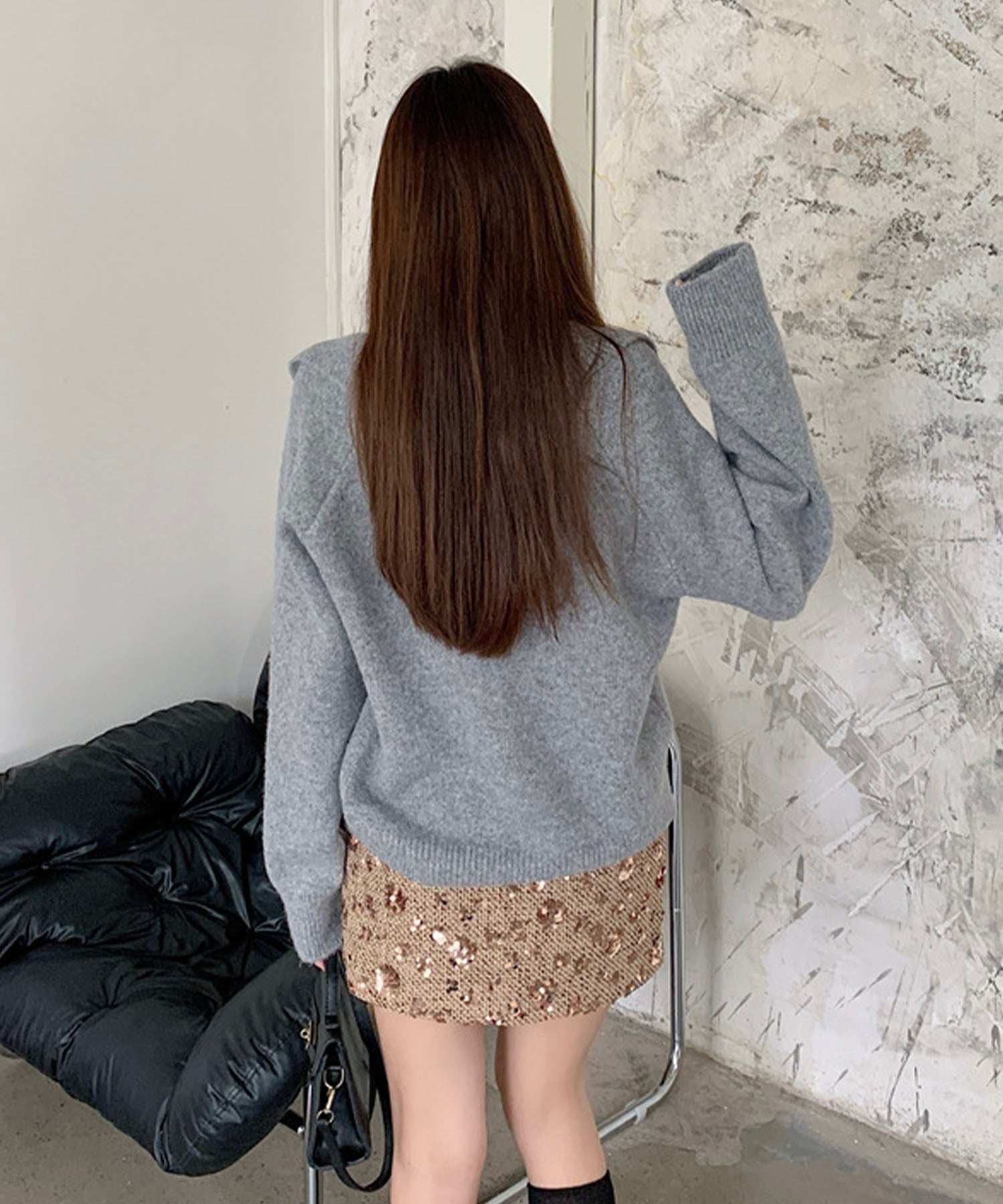 ミージェーン me Jane スキッパーポロ衿付きニットトップス (グレー) グレー