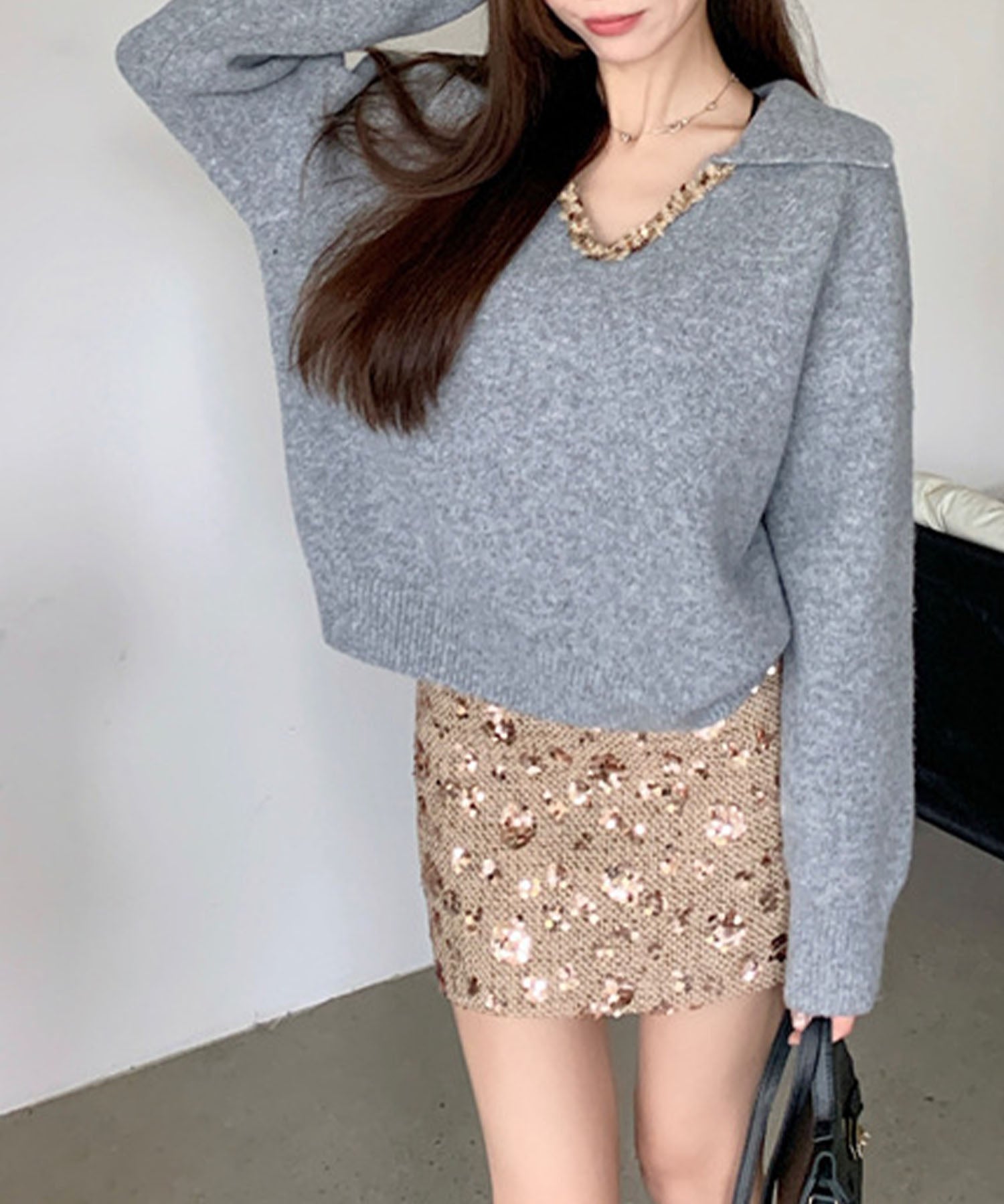 ミージェーン me Jane スキッパーポロ衿付きニットトップス (グレー) グレー