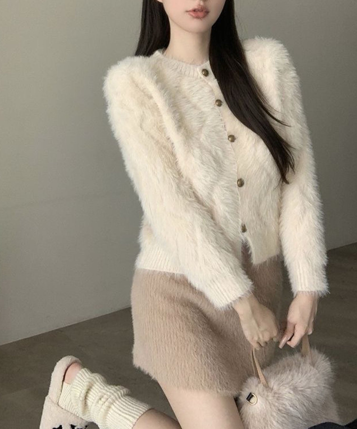 ミージェーン me Jane ダイヤ柄シャギーニットショート丈カーディガン (ホワイト) ホワイト