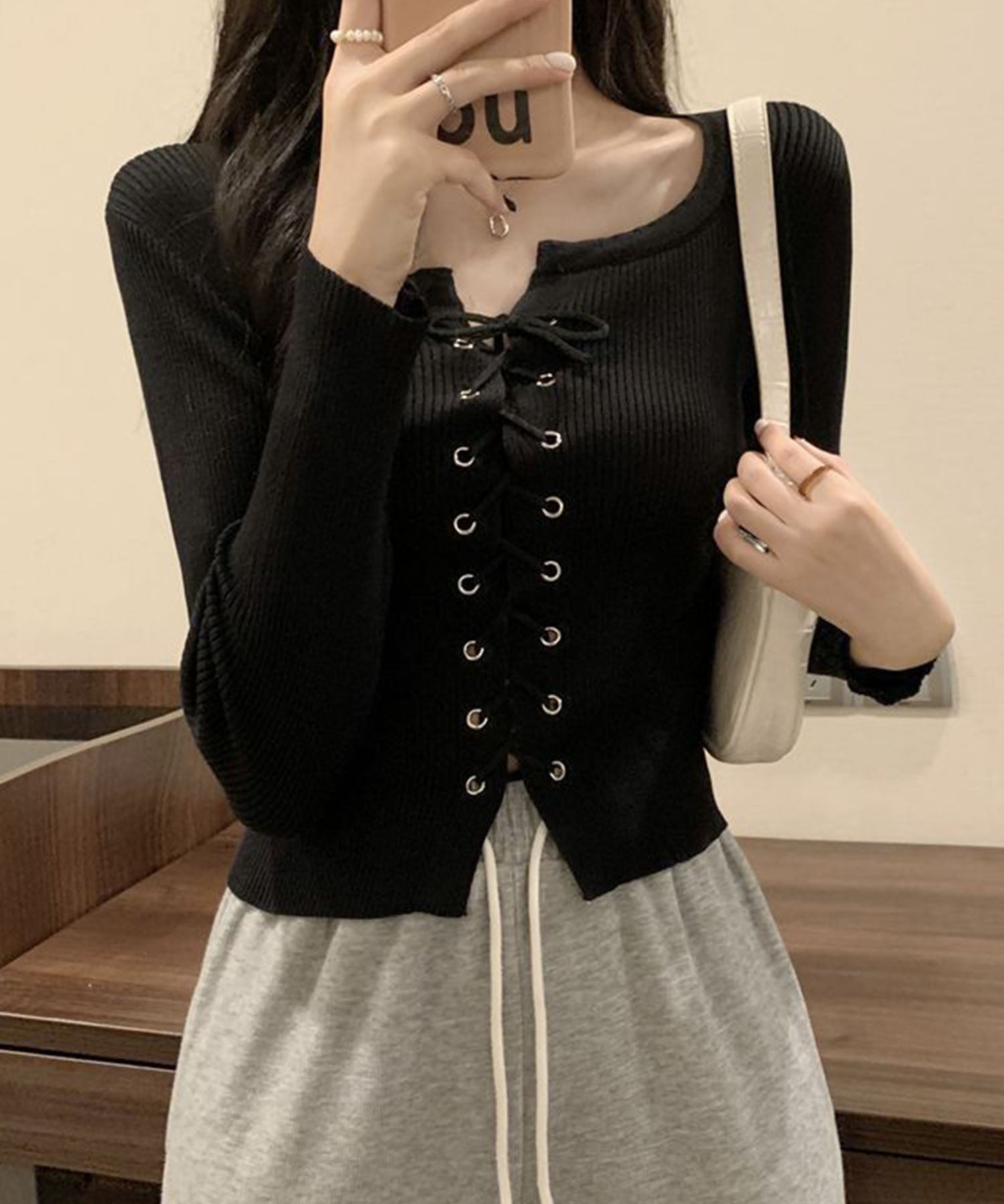 トップス mey me Jane Lace-Up Cropped Ribbed Knit Top