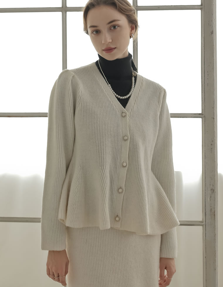 ミズム MEISM 畦編みペプラムラメニットカーディガン (ホワイト) ホワイト