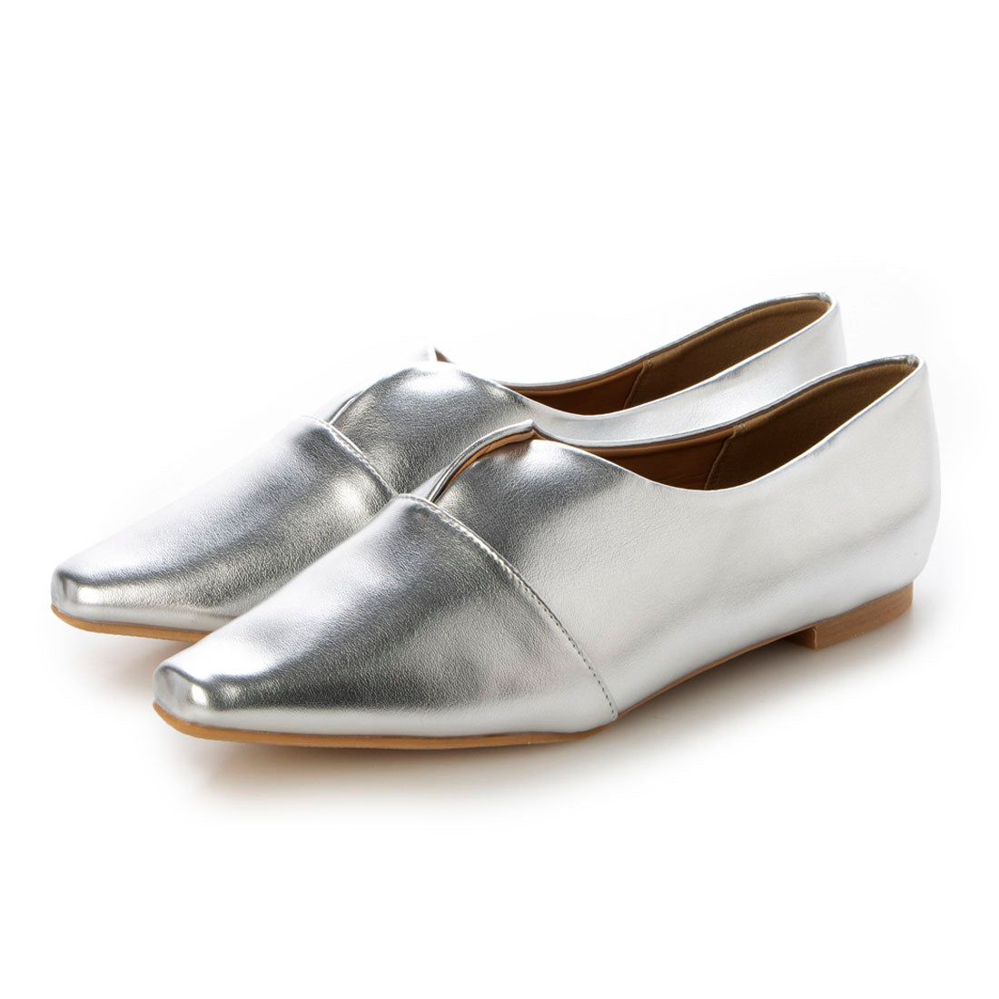 メヌエ Menue スクエアトゥ スリットカッティング フラットシューズ (1140シルバーPU) 1140シルバーPU