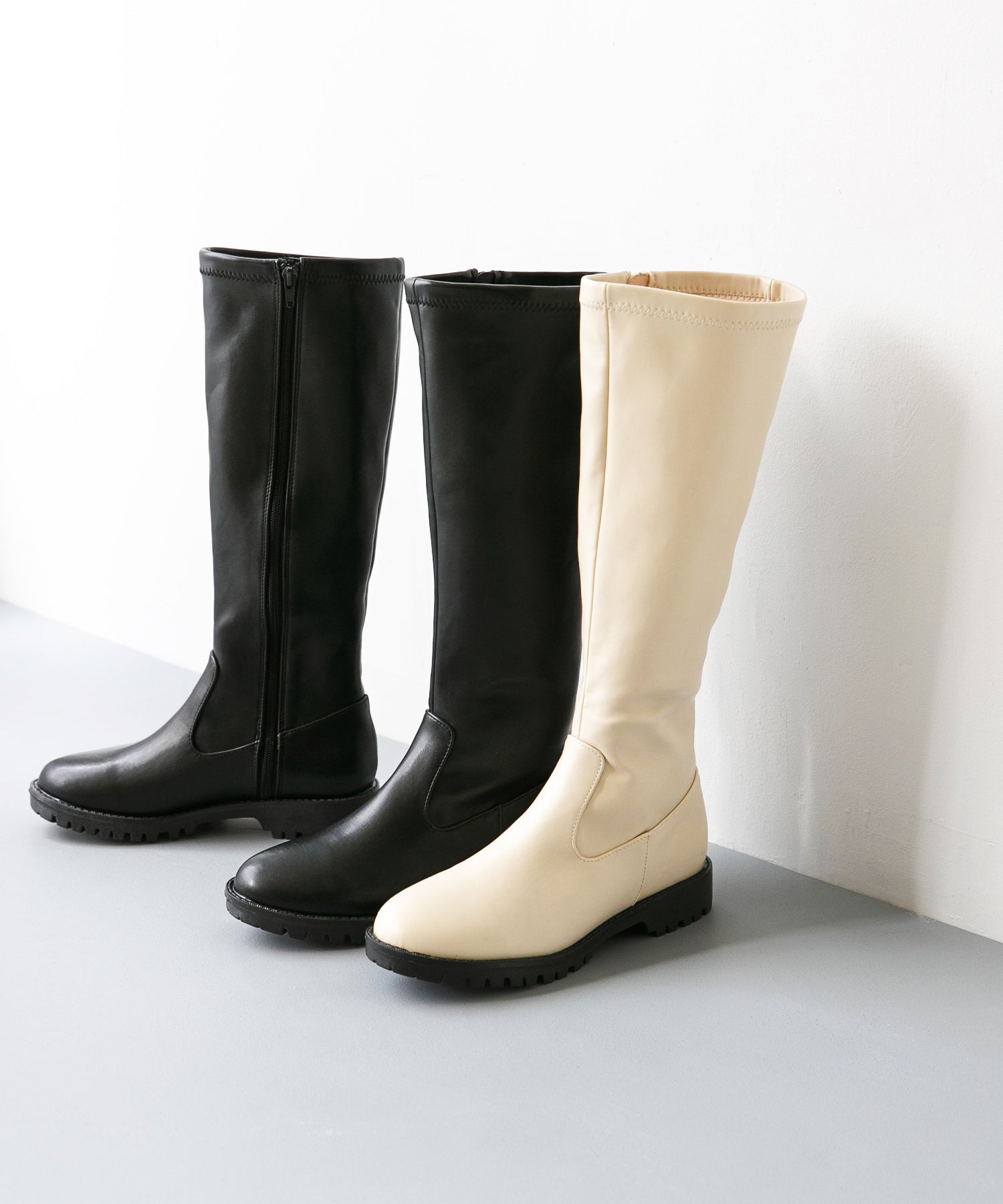 メヌエ Menue ボリュームヒールロングブーツ (1001アイボリーPU) 1001アイボリーPU